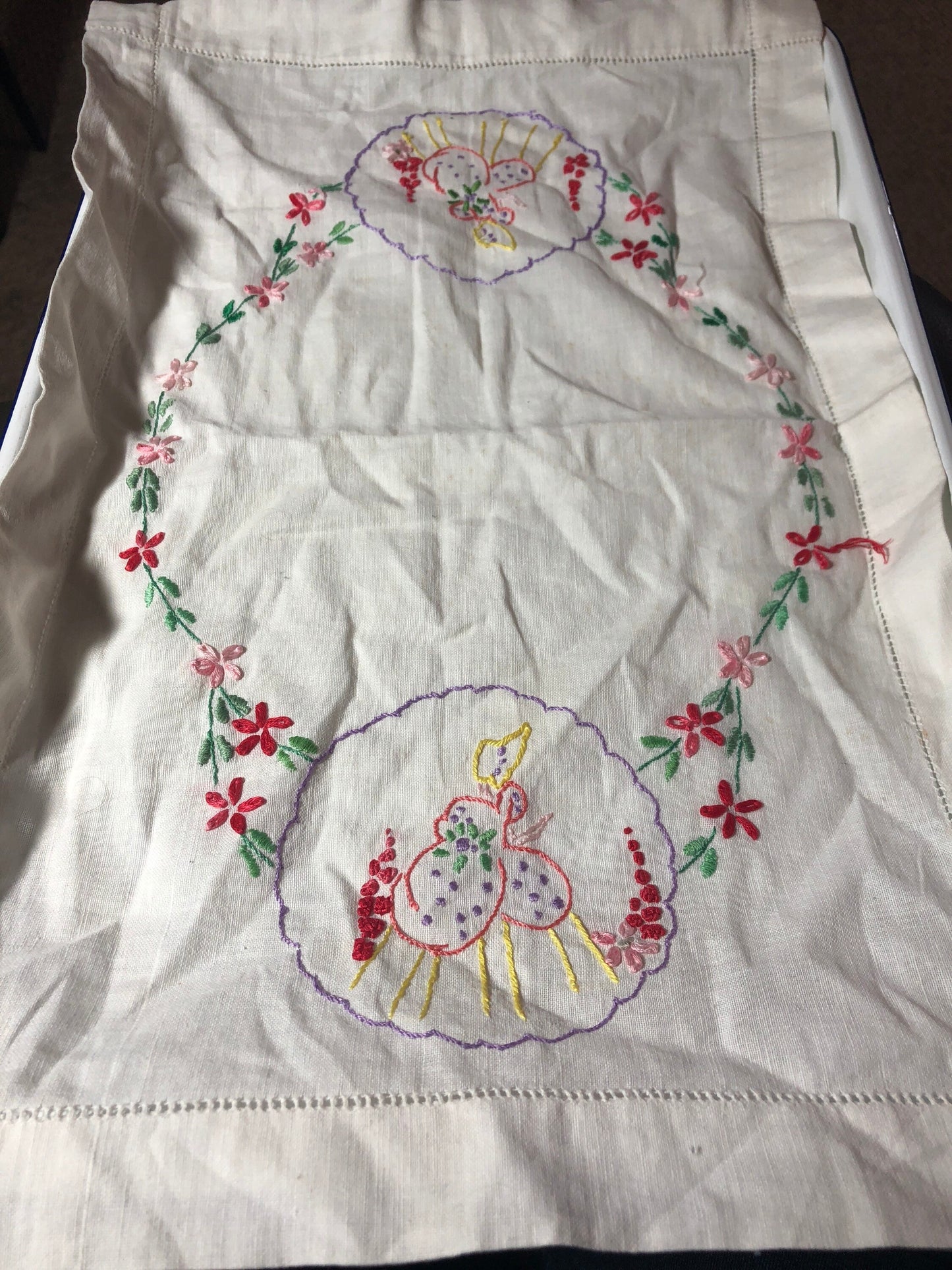 Vintage embroidered pretty floral linen tray cloth or dressing table mat