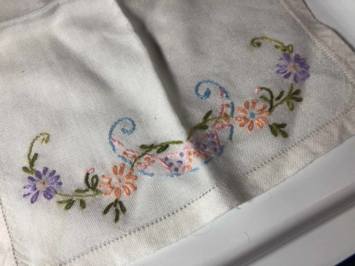 Vintage embroidered pretty floral linen tray cloth or dressing table mat small tablecloth