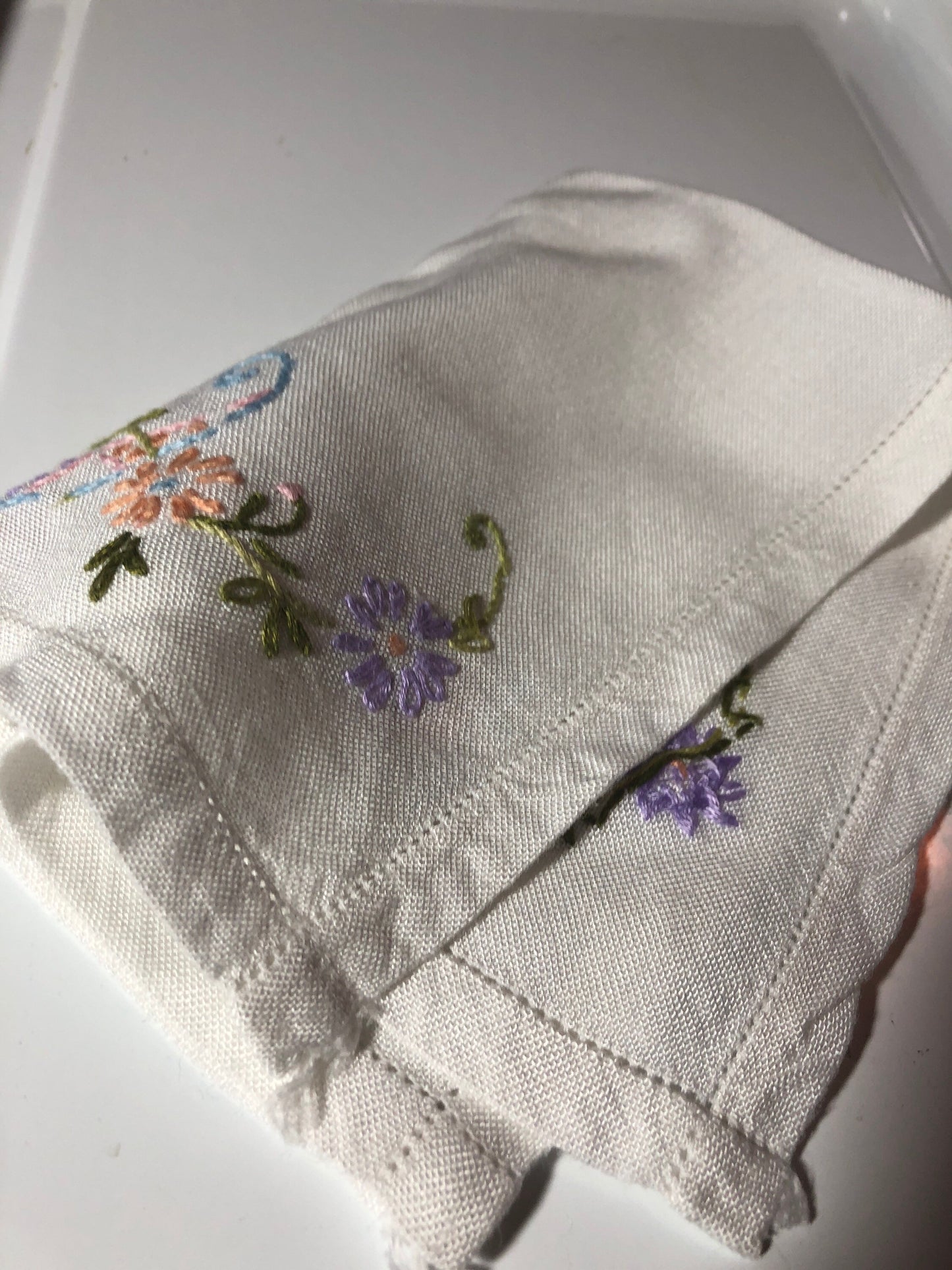 Vintage embroidered pretty floral linen tray cloth or dressing table mat small tablecloth