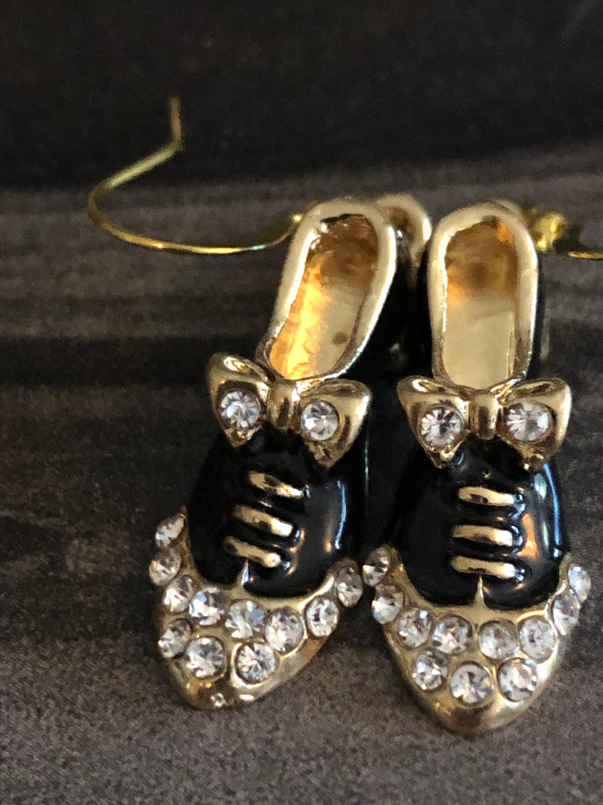 novelty brogue shoe drop earrings gold and BLACK enamel diamanté