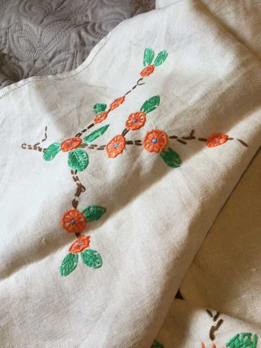 linen cotton tablecloth BEIGE embroidered floral orange green 80 x 84cm vintage