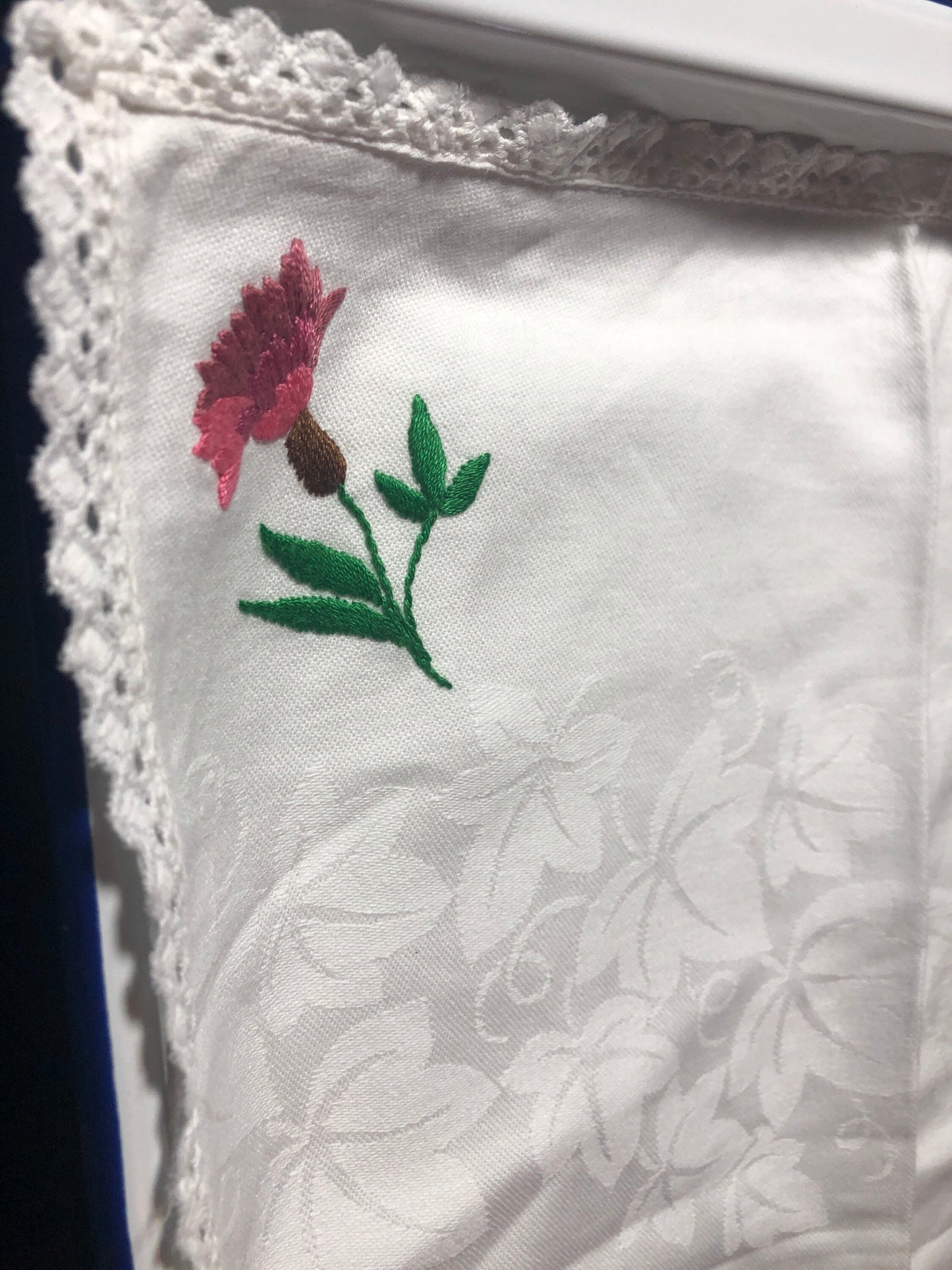 Vintage rectangular tray cloth or dressing table cloth damask white cotton pink embroidered