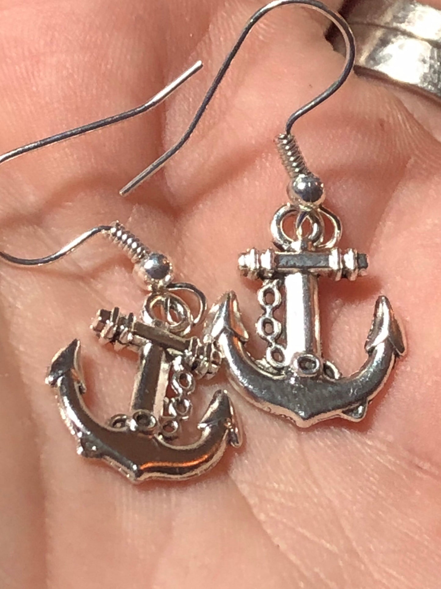 silver tone nautical anchor small drop earrings