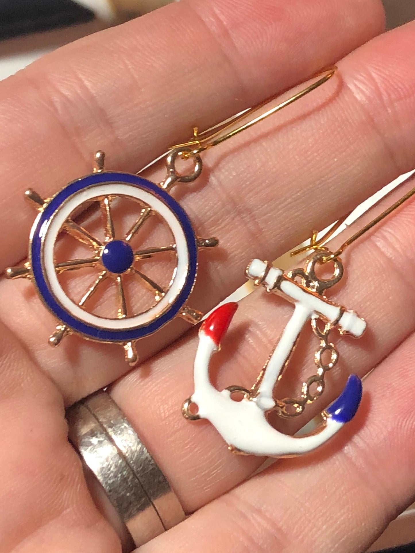 Nautical gold tone white enamel anchor and ships wheel small drop earrings