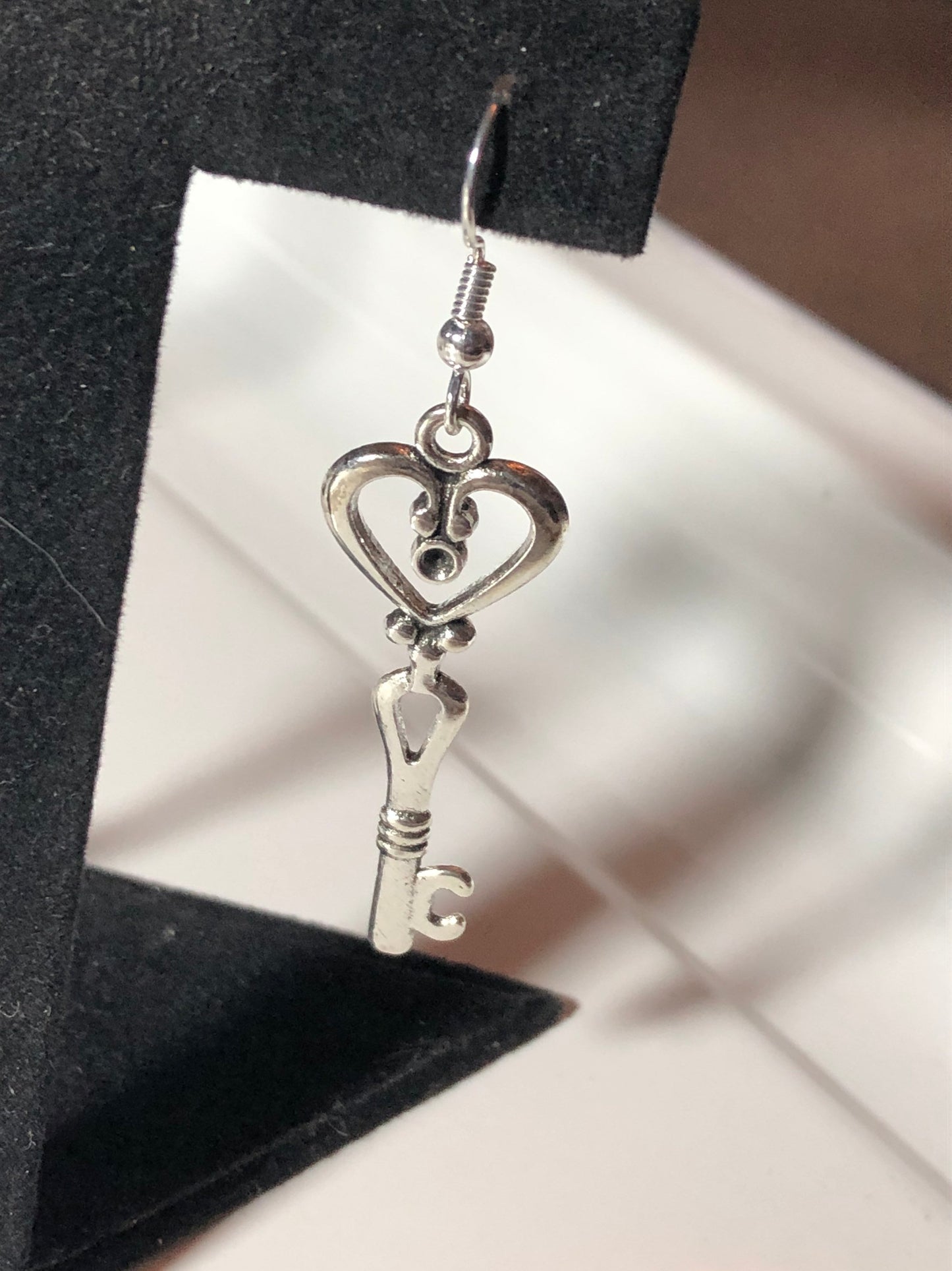 silver tone Victorian style antique key earrings pierced ears