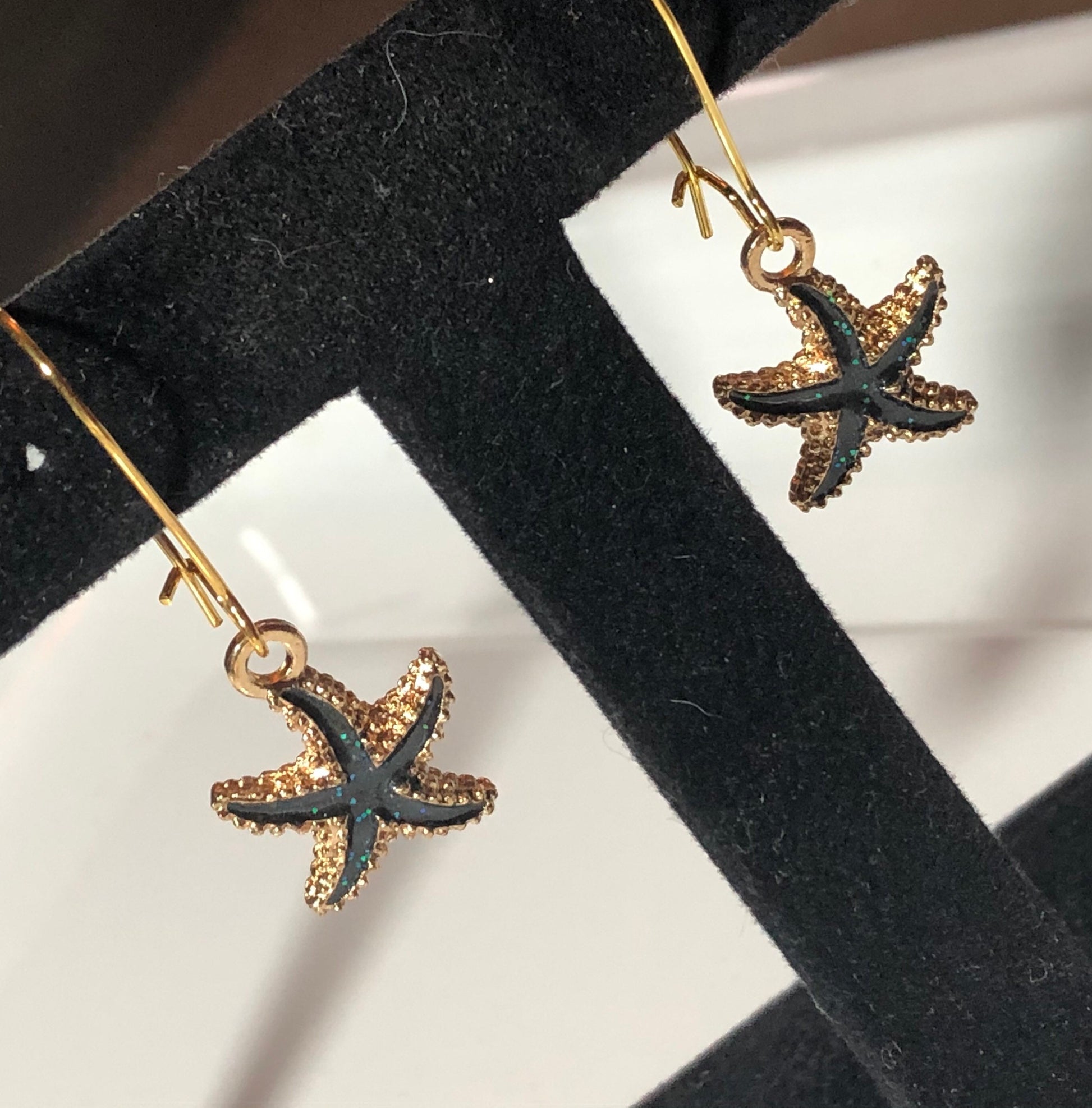 Nautical black enamel starfish small drop earrings pierced ears