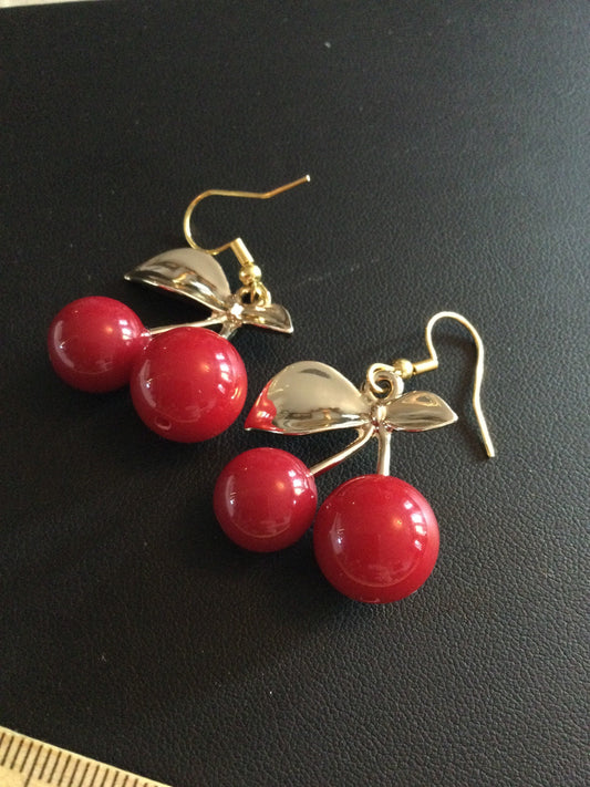 pair of bright red cherry drop earrings pierced rockabilly style