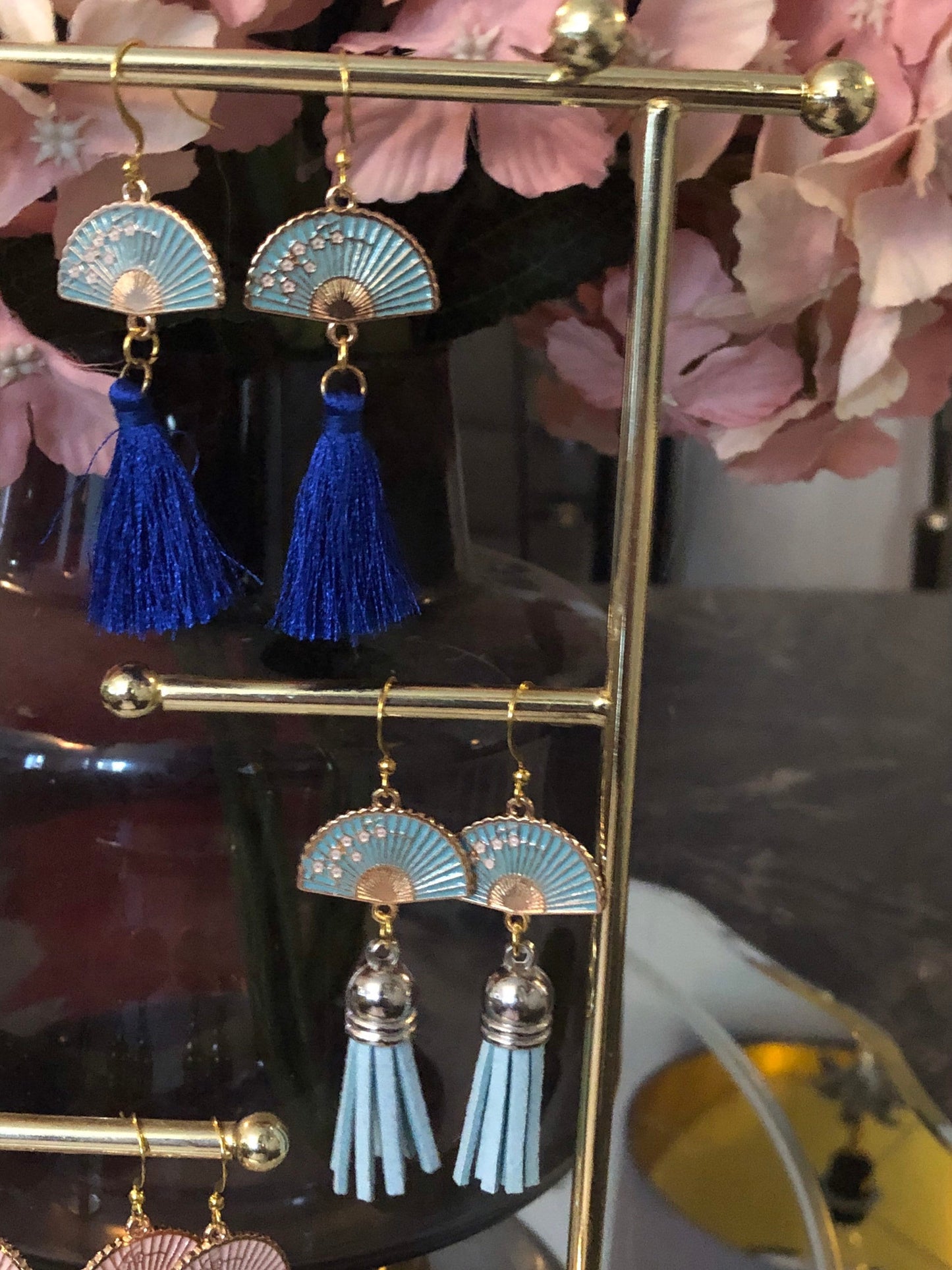 gold & silver tone oriental Chinese Japanese orange enamel leather tassel fan earrings