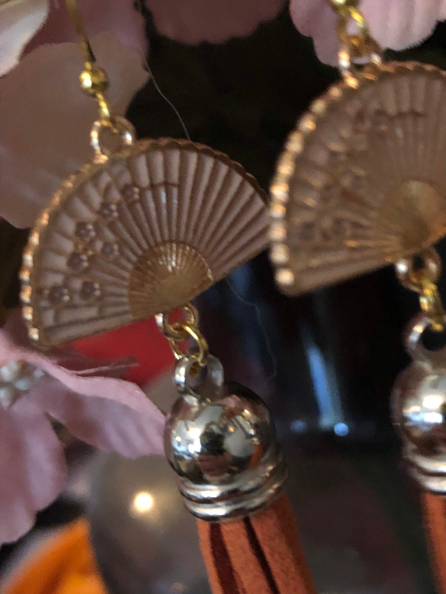 gold & silver tone oriental Chinese Japanese orange enamel leather tassel fan earrings
