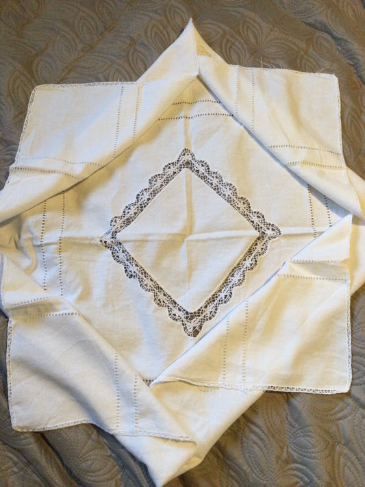 linen off white square cut out embroidered crochet work tablecloth