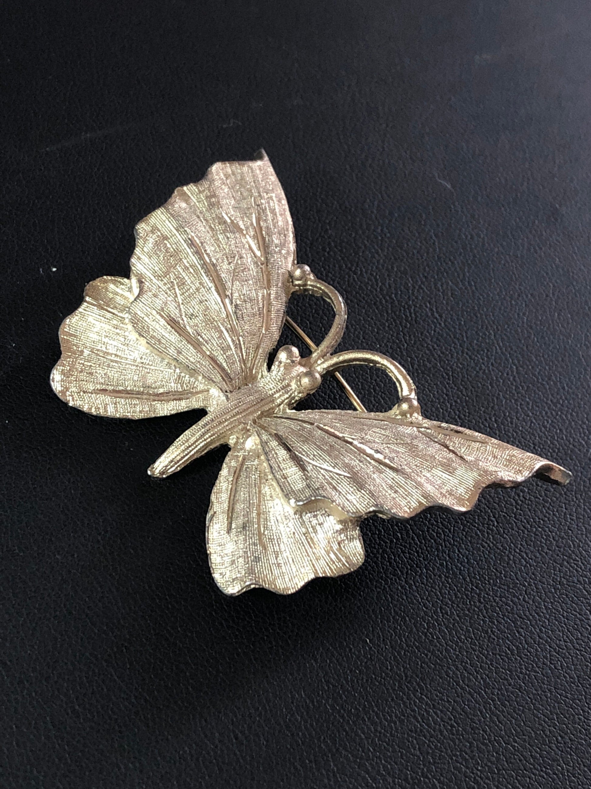 Signed BSK Butterfly Brooch Vintage Retro silver tone brushed metal