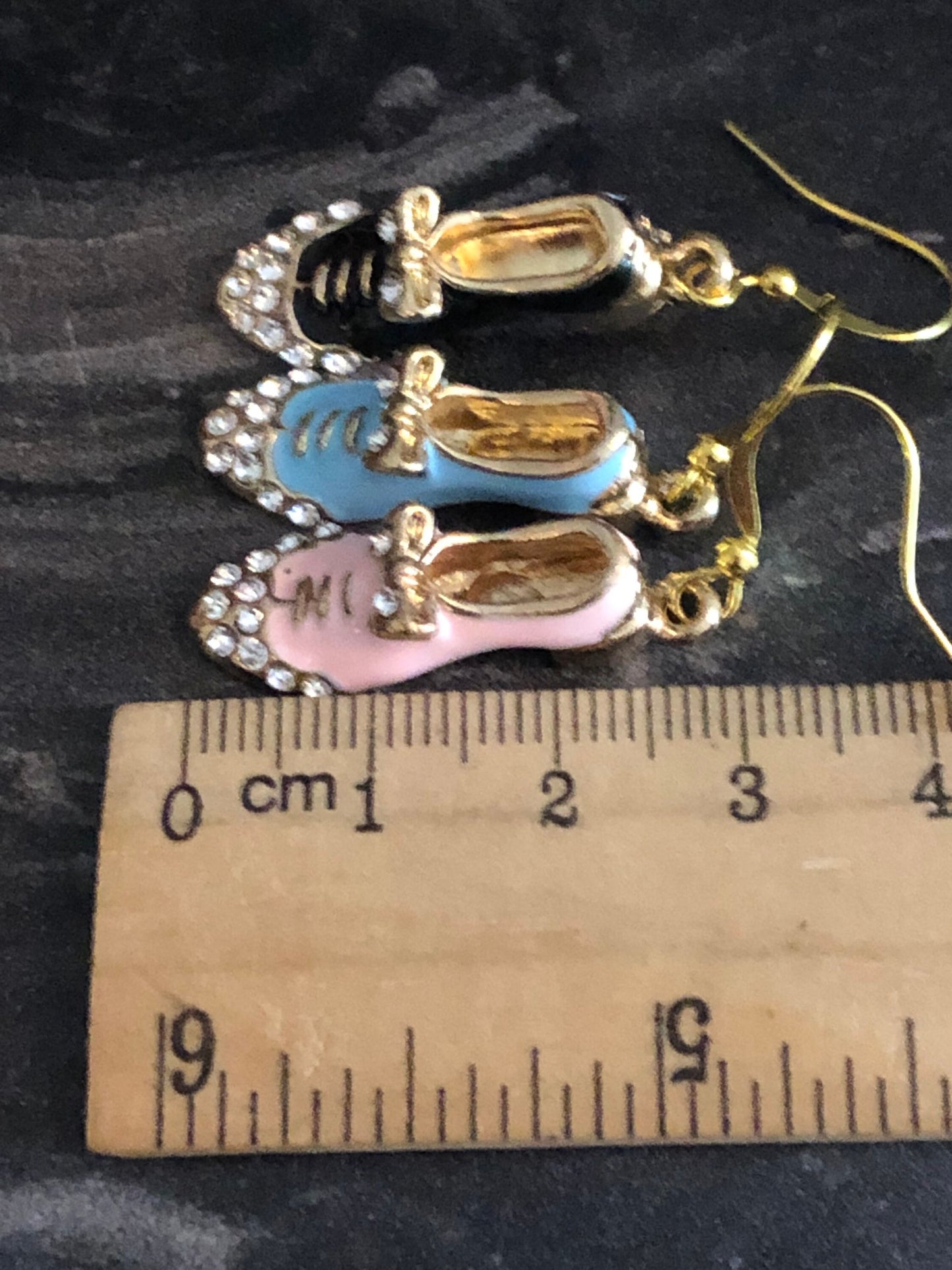 novelty brogue shoe drop earrings gold and BLACK enamel diamanté