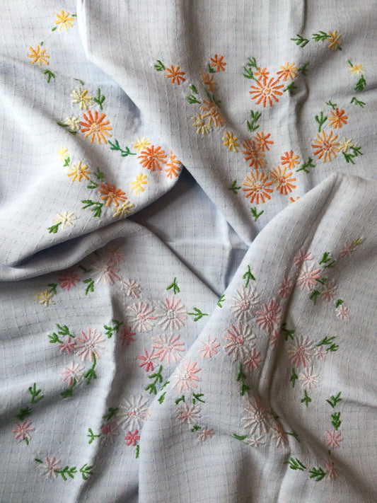 80cm square Vintage table cloth pale blue embroidered floral tablecloth orange pink
