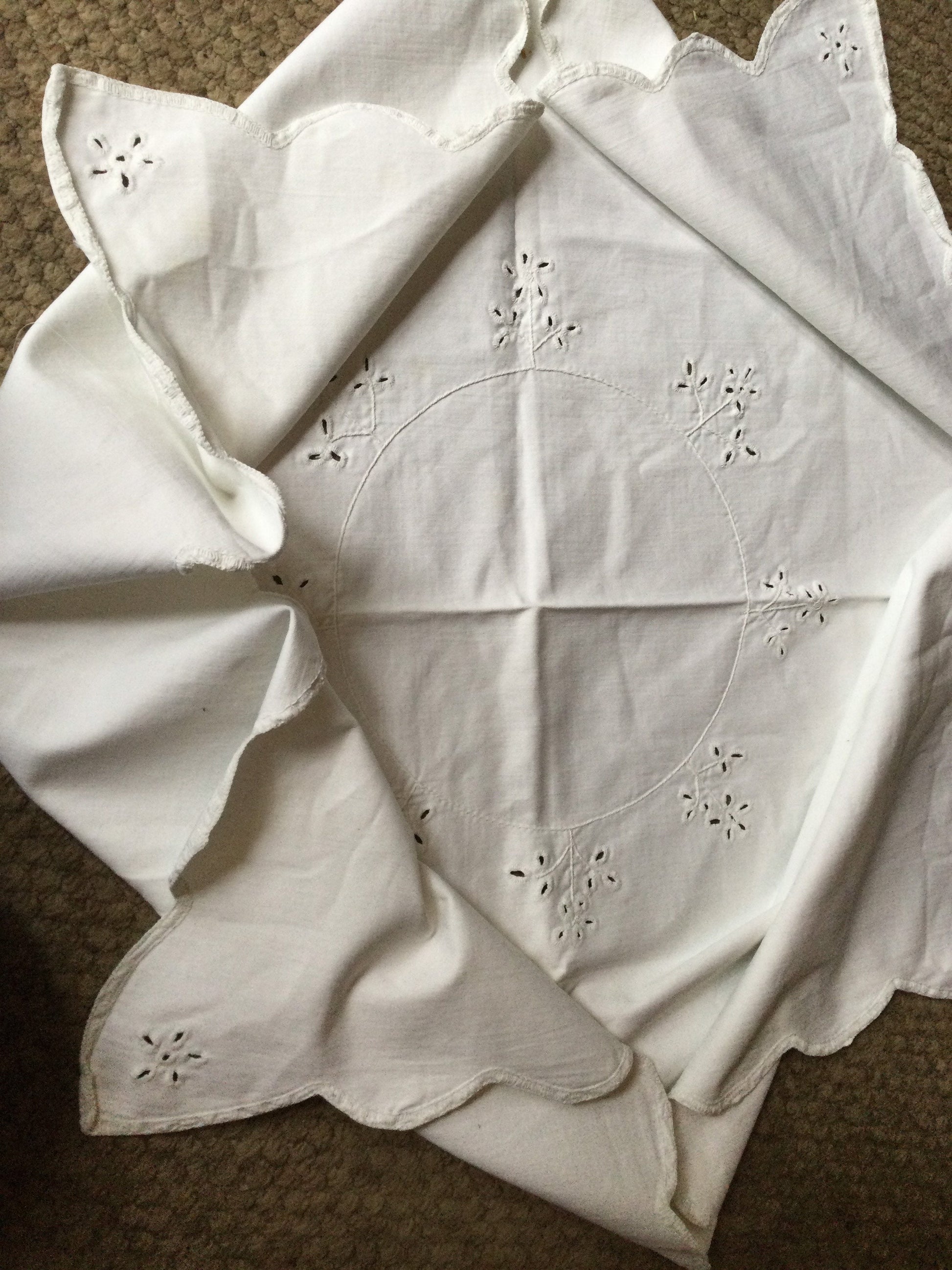 33” square Antique vintage heavy linen table cloth white square cut out embroidered floral tablecloth embroidery