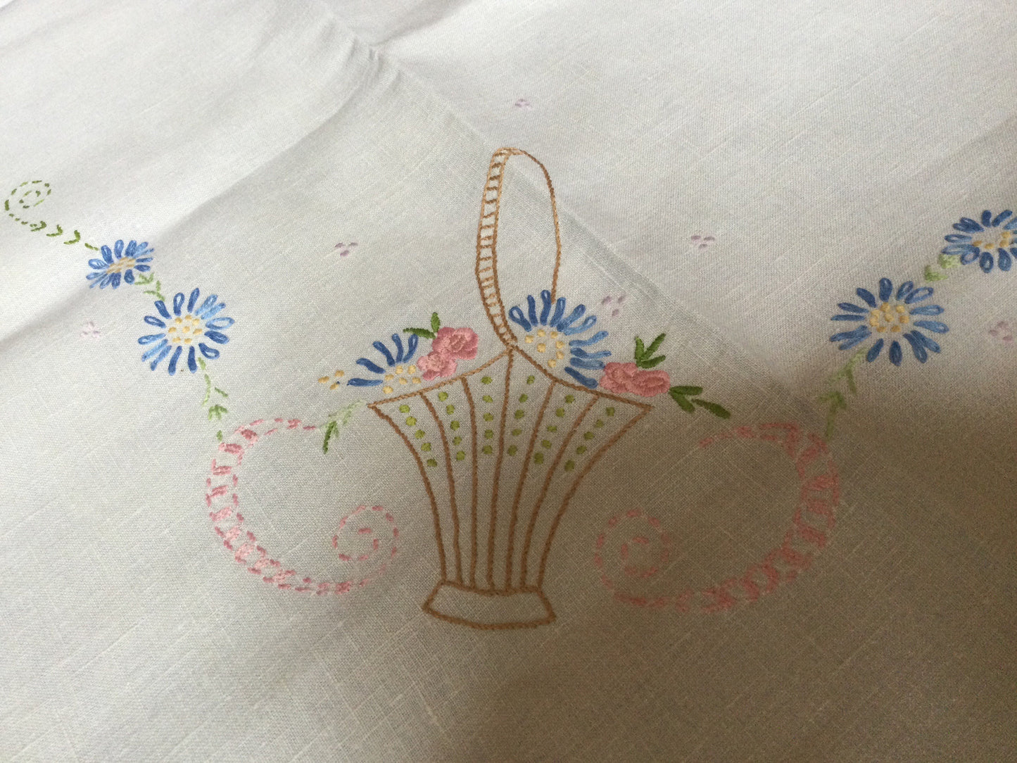 41” square large Retro Vintage table cloth white embroidered floral tablecloth blue pink basket embroidery flowers cottage