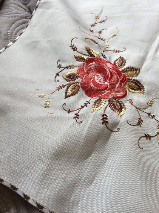 square polyester tablecloth cream square red rust gold embroidered stripe edge floral tablecloth