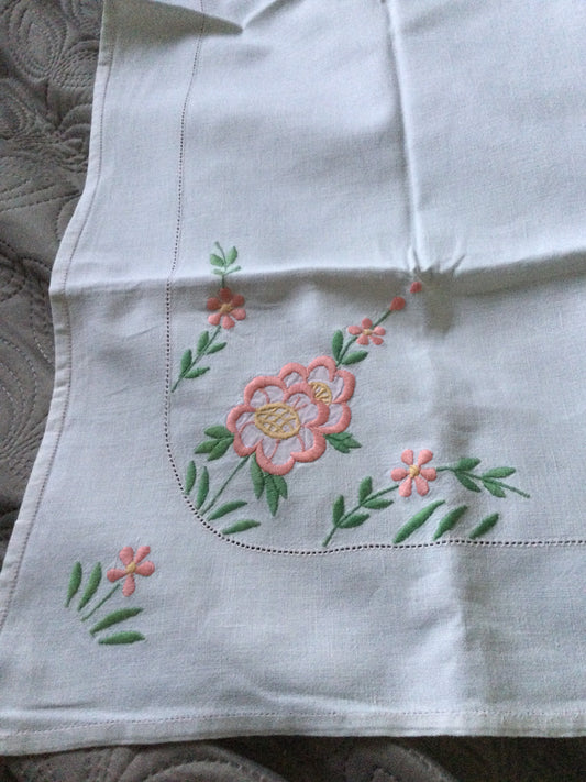 linen cotton table cloth Off white embroidered floral tablecloth orange peach 31 x 33 inch vintage