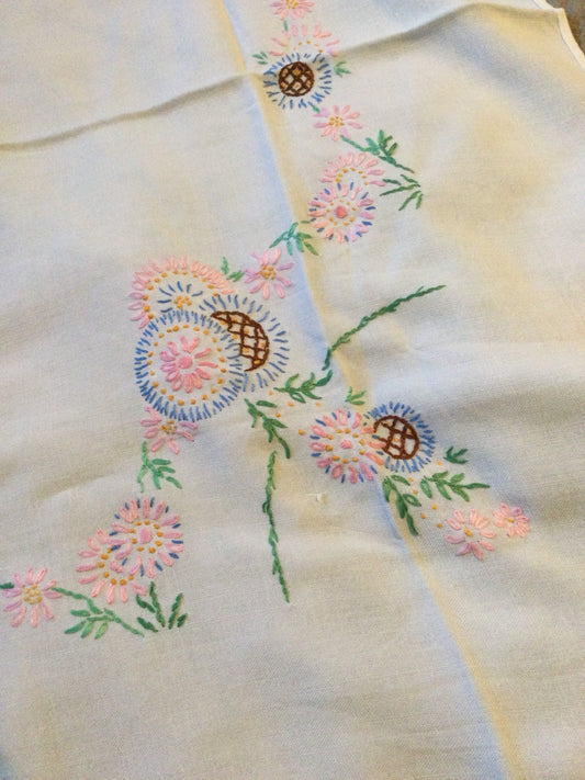 cotton white square embroidered floral tablecloth blue pink 31 x 34” vintage linen