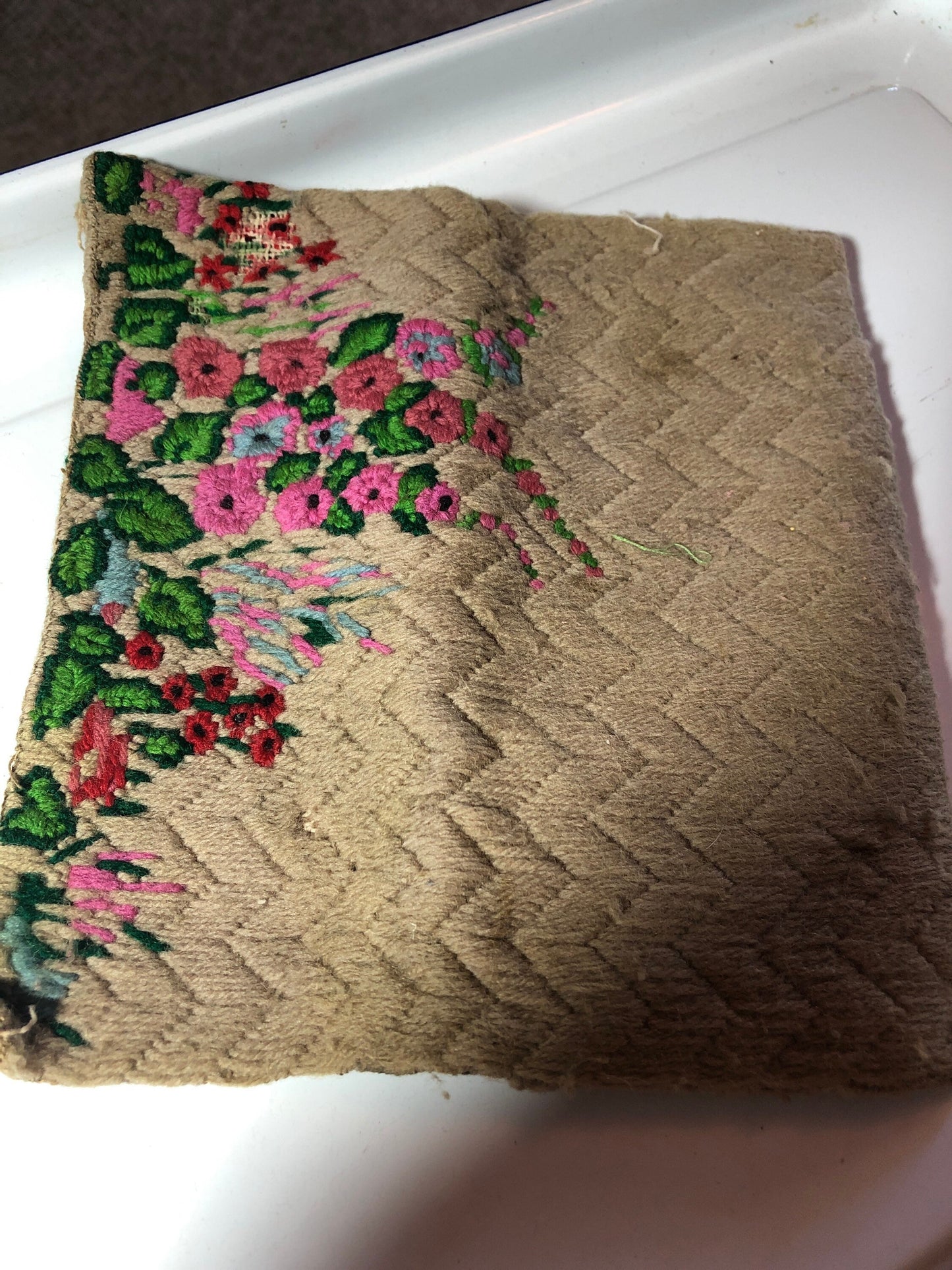 Antique originally silk lined war period hand embroidery Make Up Bag Cosmetic Purse Vintage pink red flowers