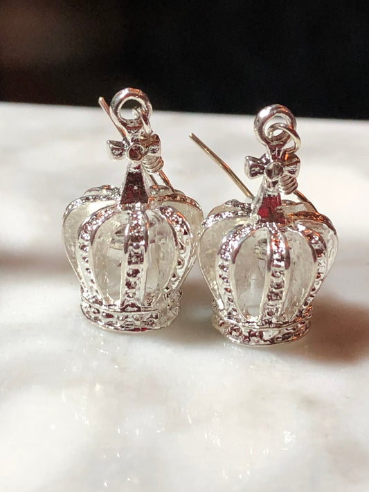 antique Victorian style regal royal silver crown drop earrings kings coronation