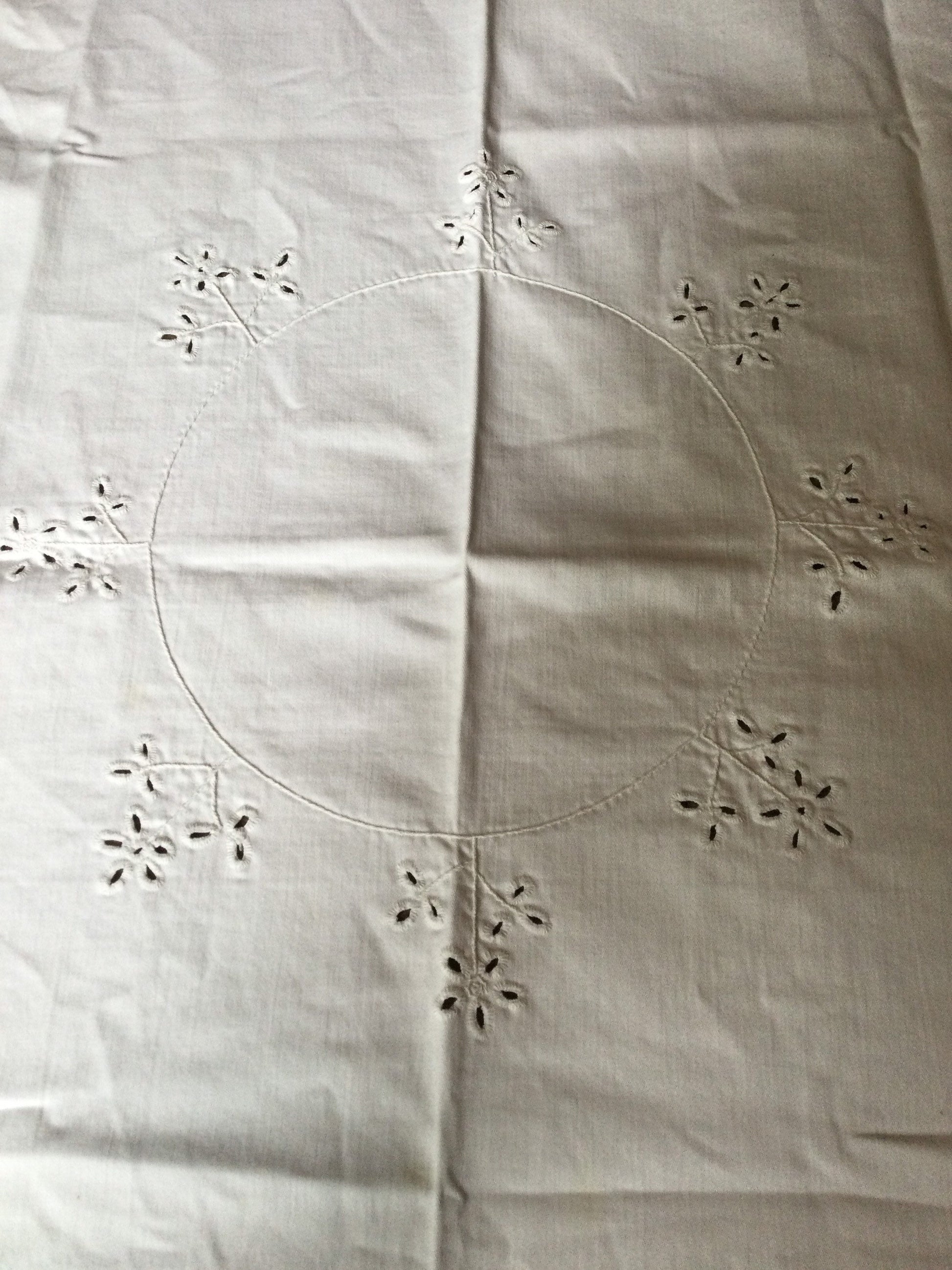 33” square Antique vintage heavy linen table cloth white square cut out embroidered floral tablecloth embroidery