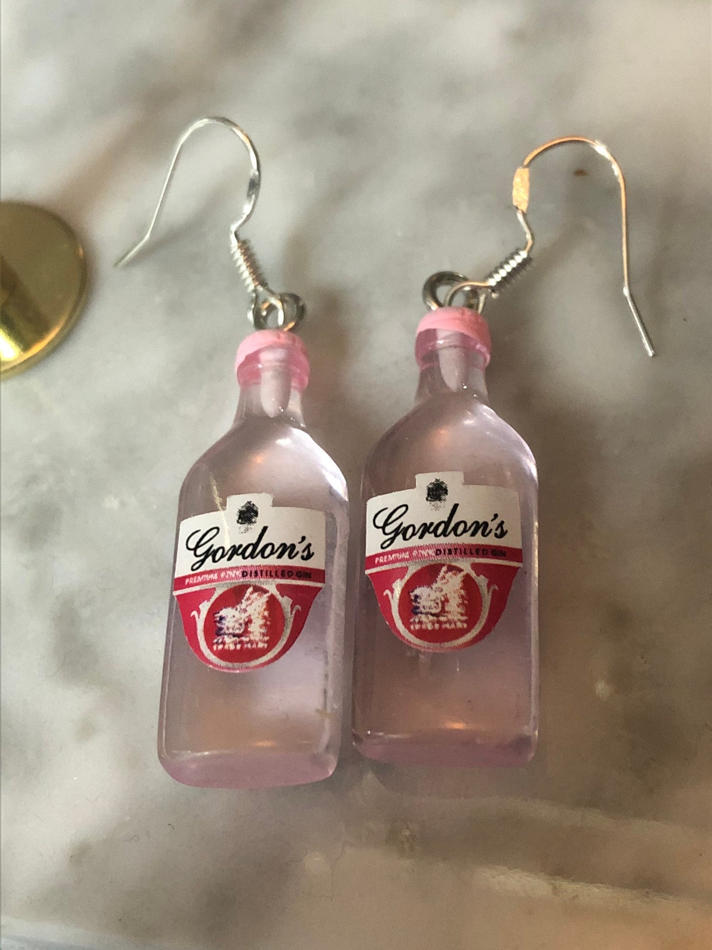 Novelty pink gin plastic bottle drop earrings