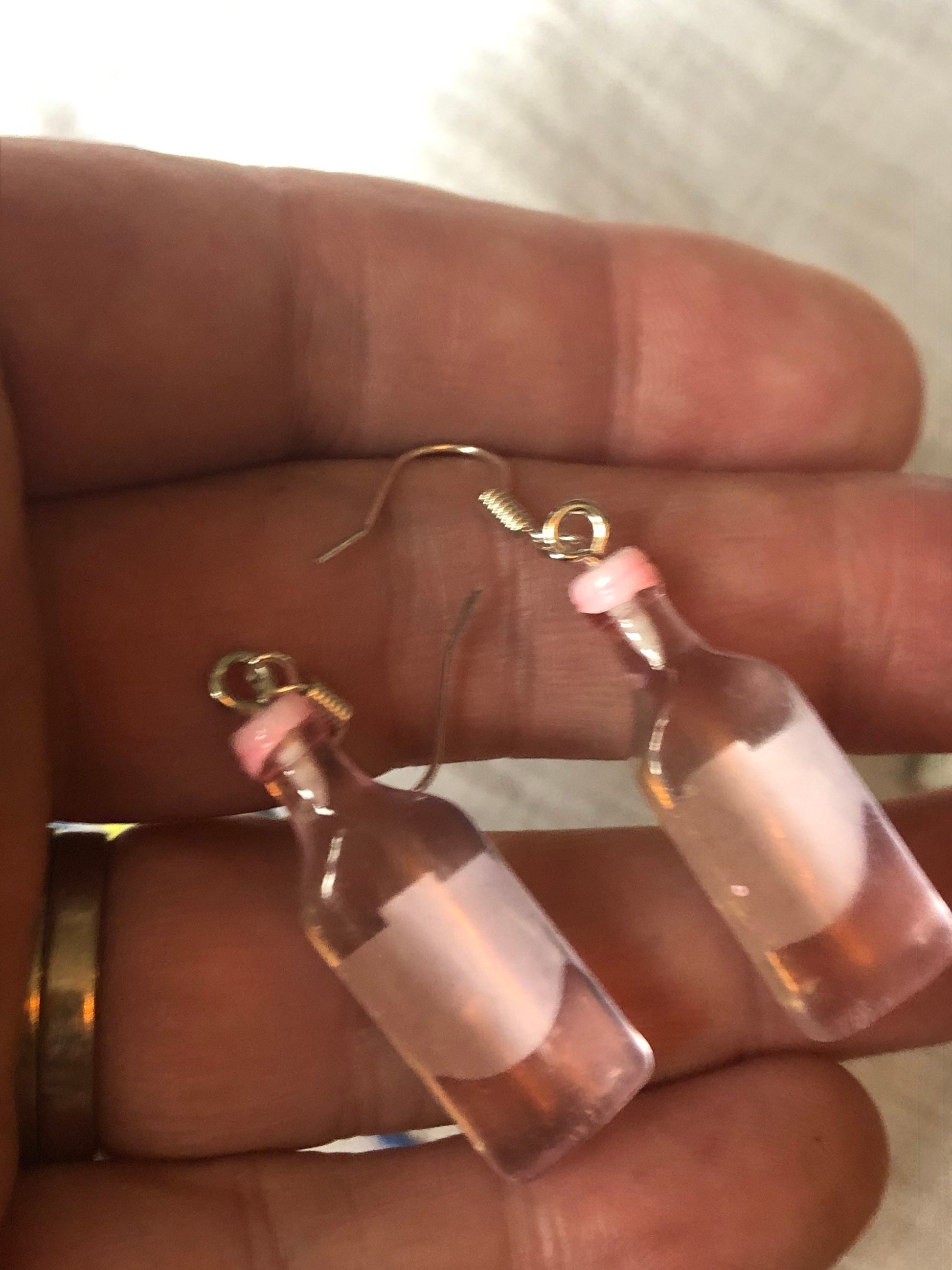 Novelty pink gin plastic bottle drop earrings