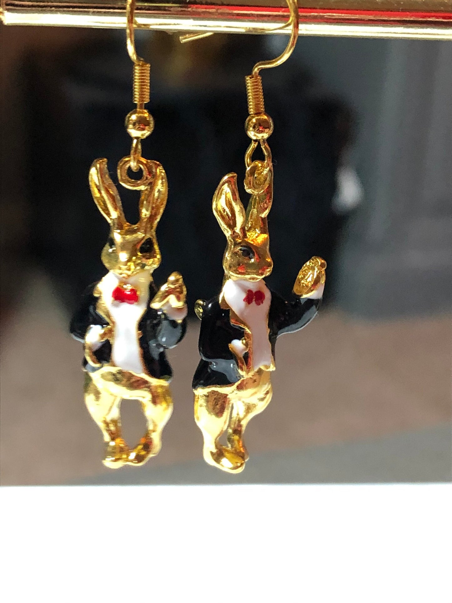 gold tone black white enamel Alice in wonderland inspired rabbit earrings for pierced ears