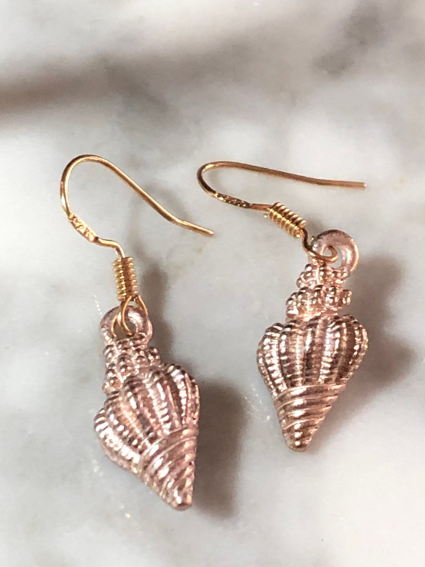 Nautical gold tone pink enamel seashell drop earrings