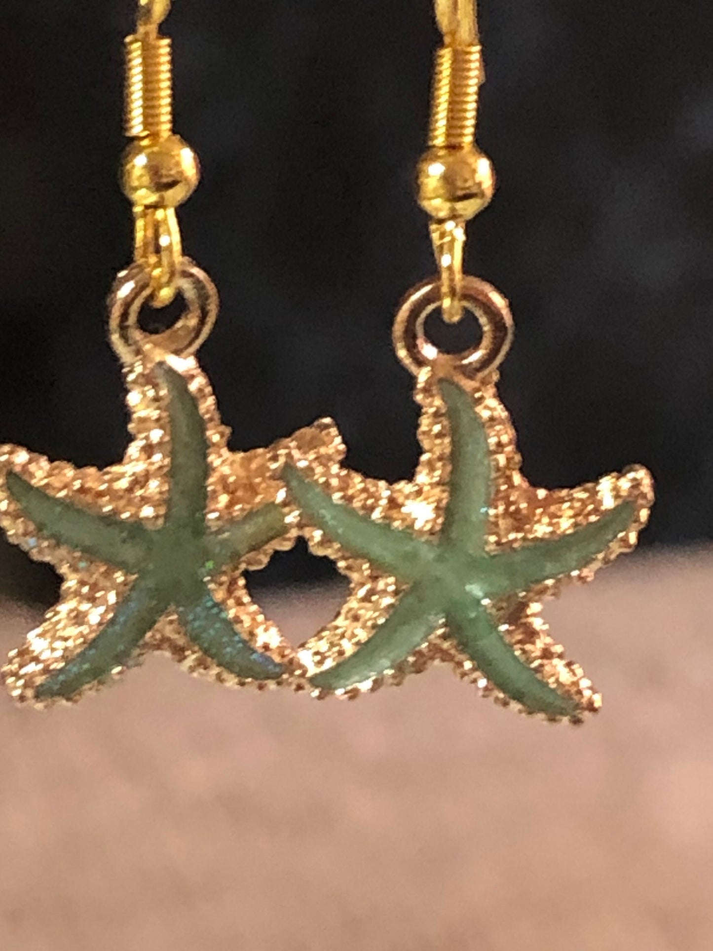 Nautical gold tone soft sage green enamel starfish small drop earrings pierced ears