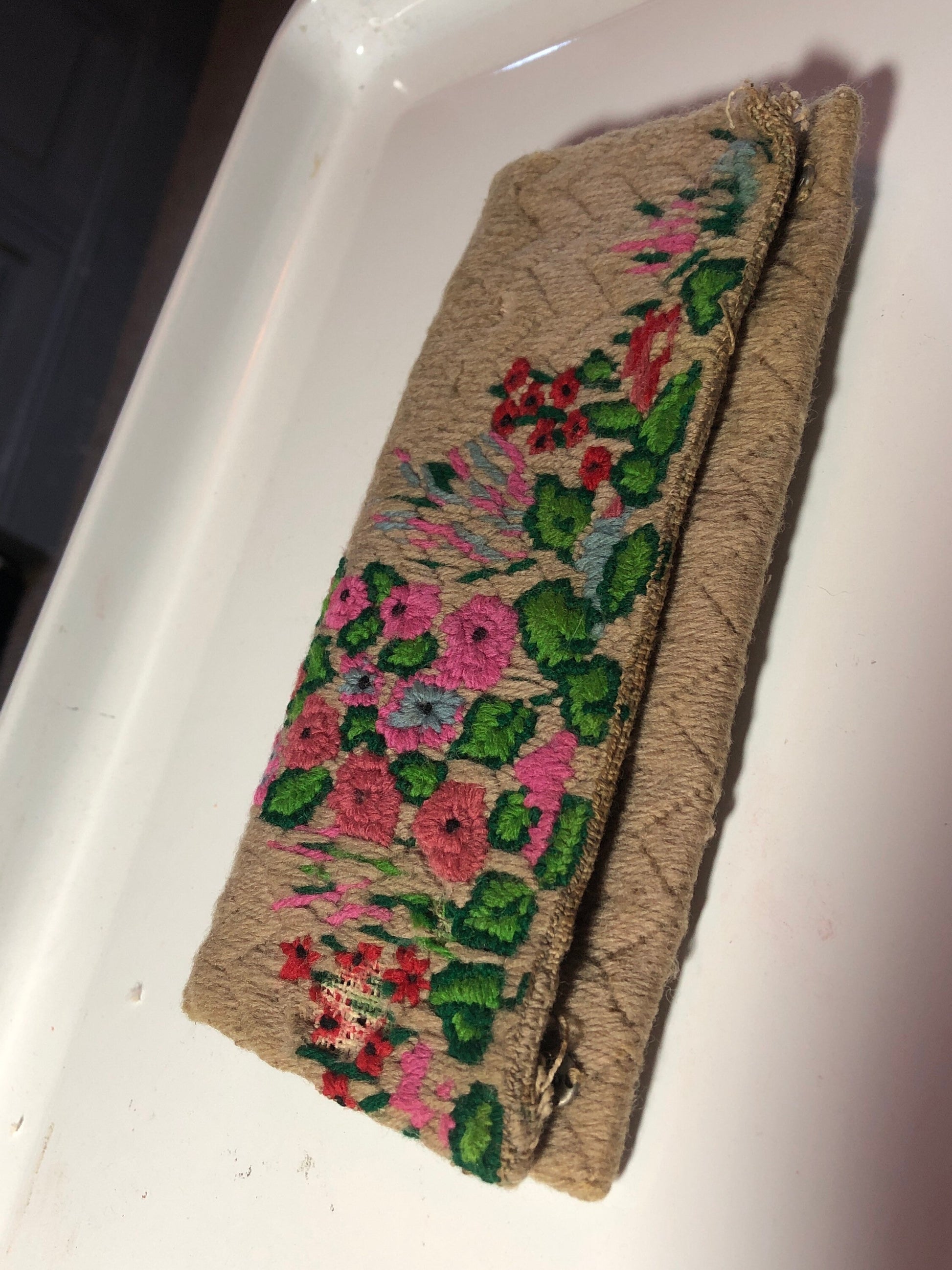 Antique originally silk lined war period hand embroidery Make Up Bag Cosmetic Purse Vintage pink red flowers
