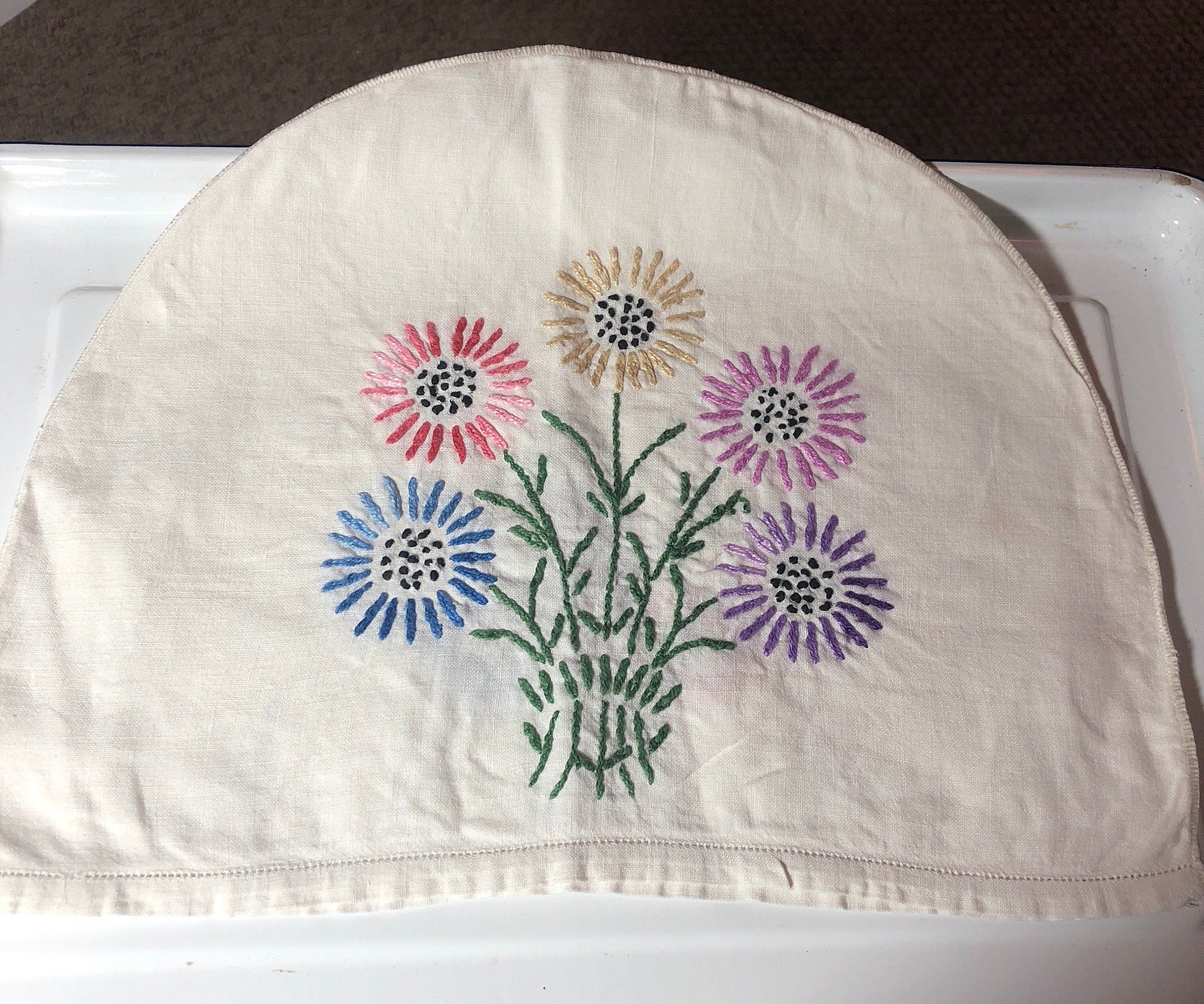 Vintage linen pretty embroidered floral tea cosy for tea pot 1950s