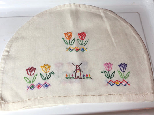 Vintage linen pretty embroidered floral tea cosy for tea pot 1950s