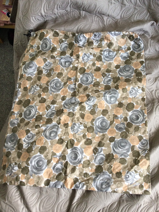 cotton brown, grey floral country roses laundry storage bag drawstring kit bag