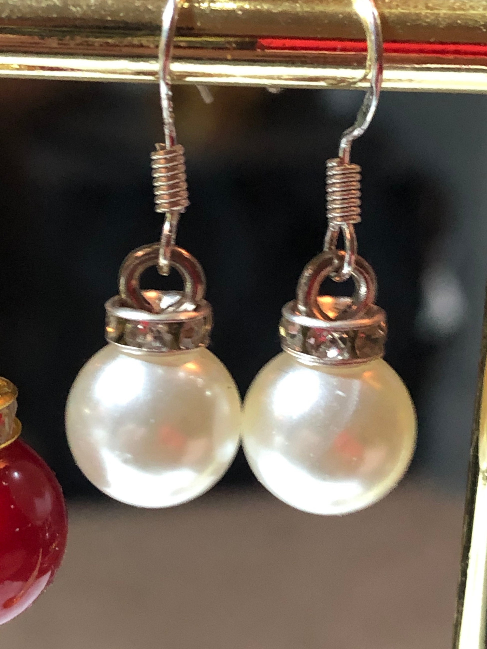 White faux pearl & diamanté silver tone small drop earrings