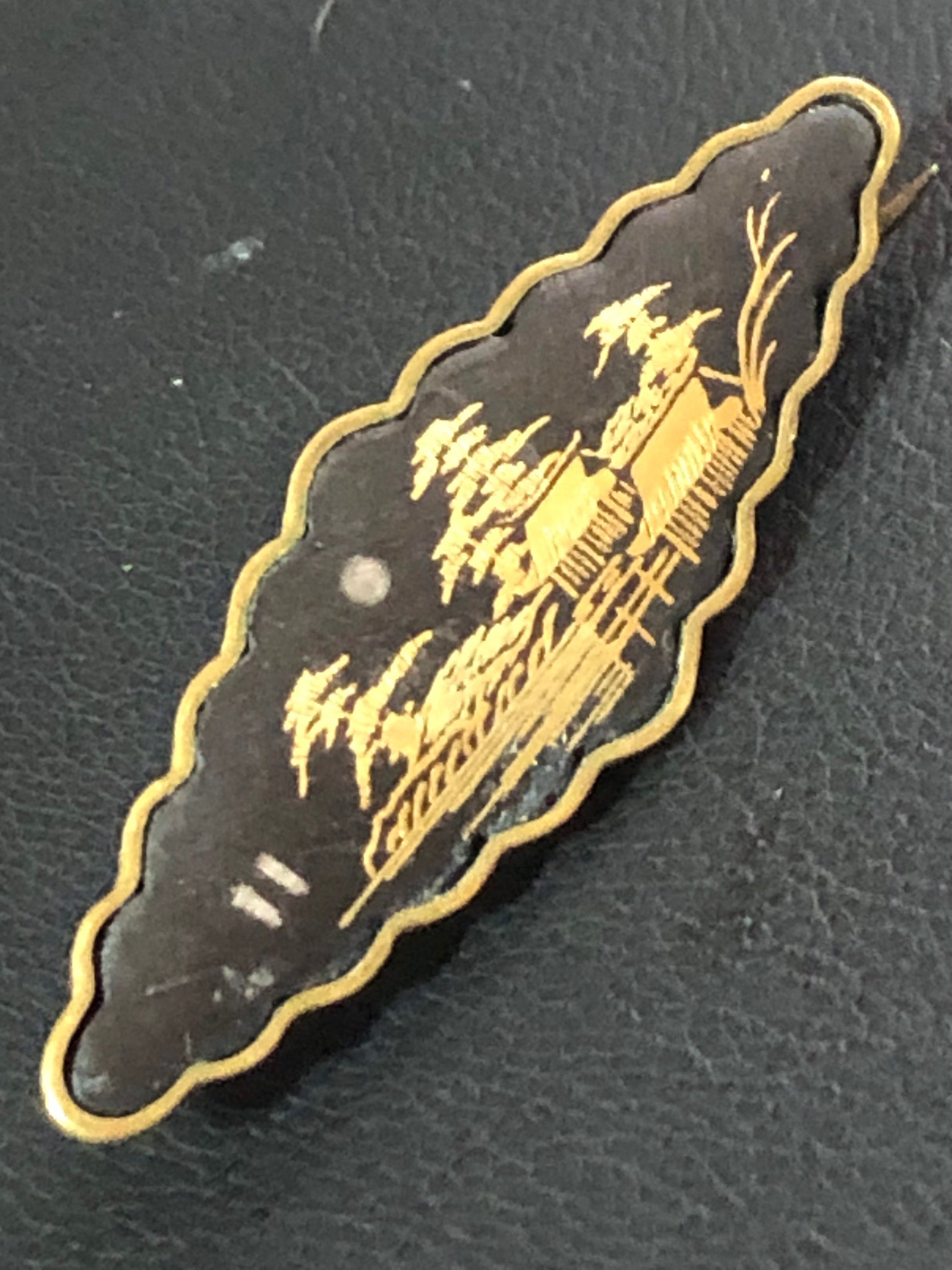 Japanese shakudo hand fan brooch gold black enamel pin brooch from japan