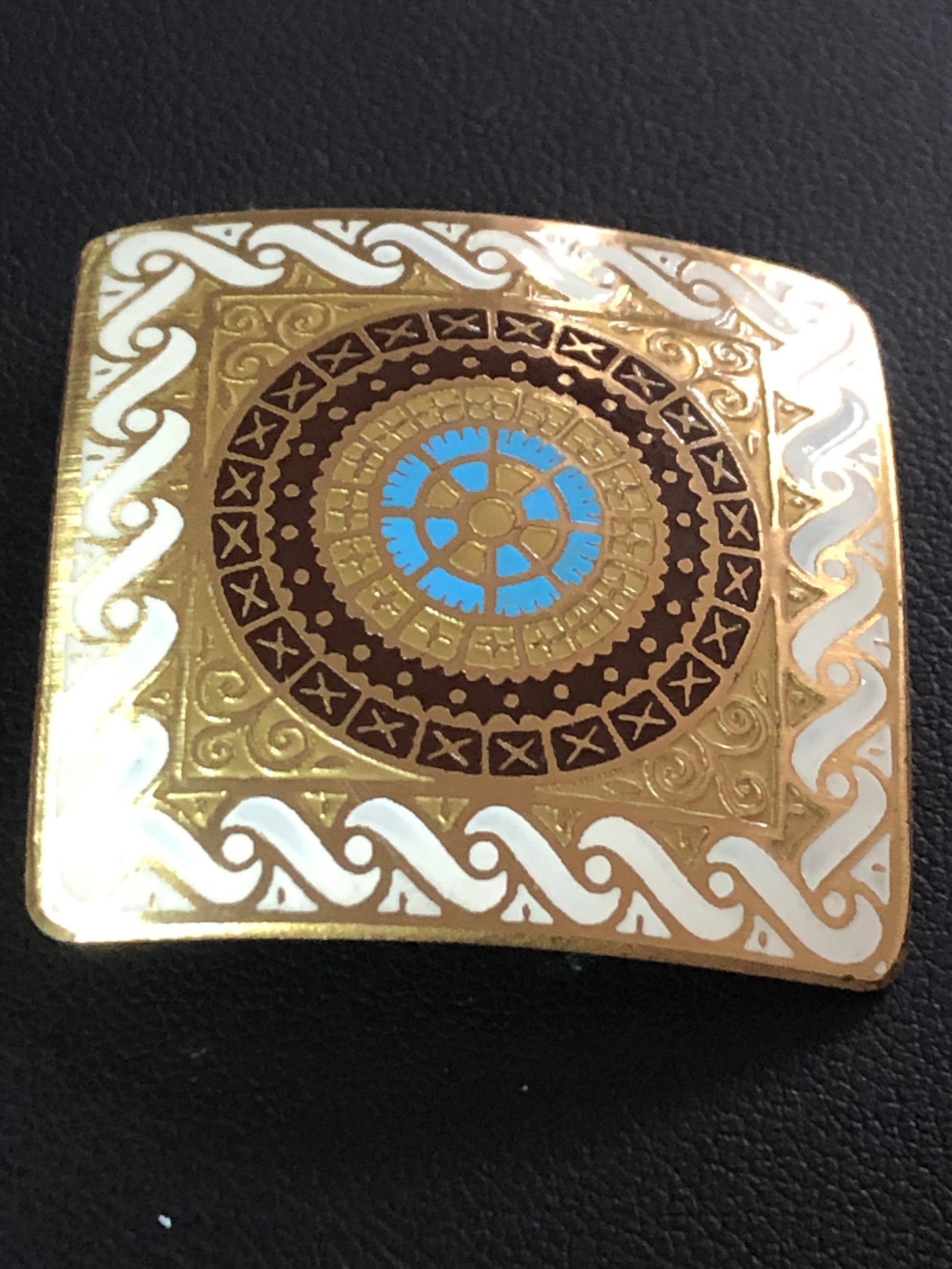 Vintage blue white enamel gold brass metal square cloisonné brooch