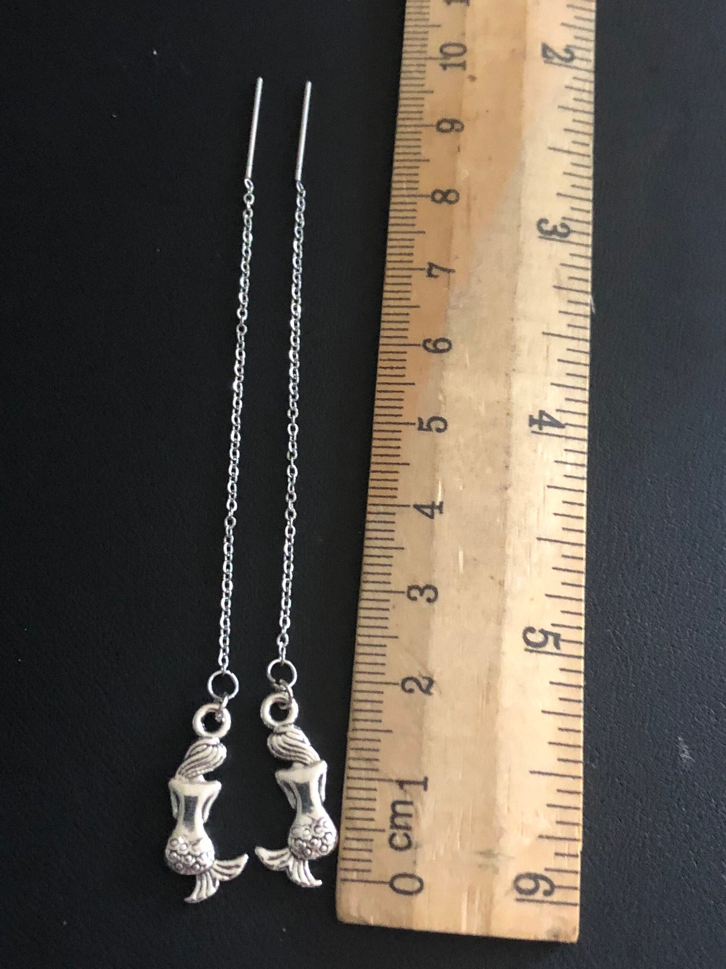 Silver mermaid drop earrings pierced pull through threader earrings stainless steel
