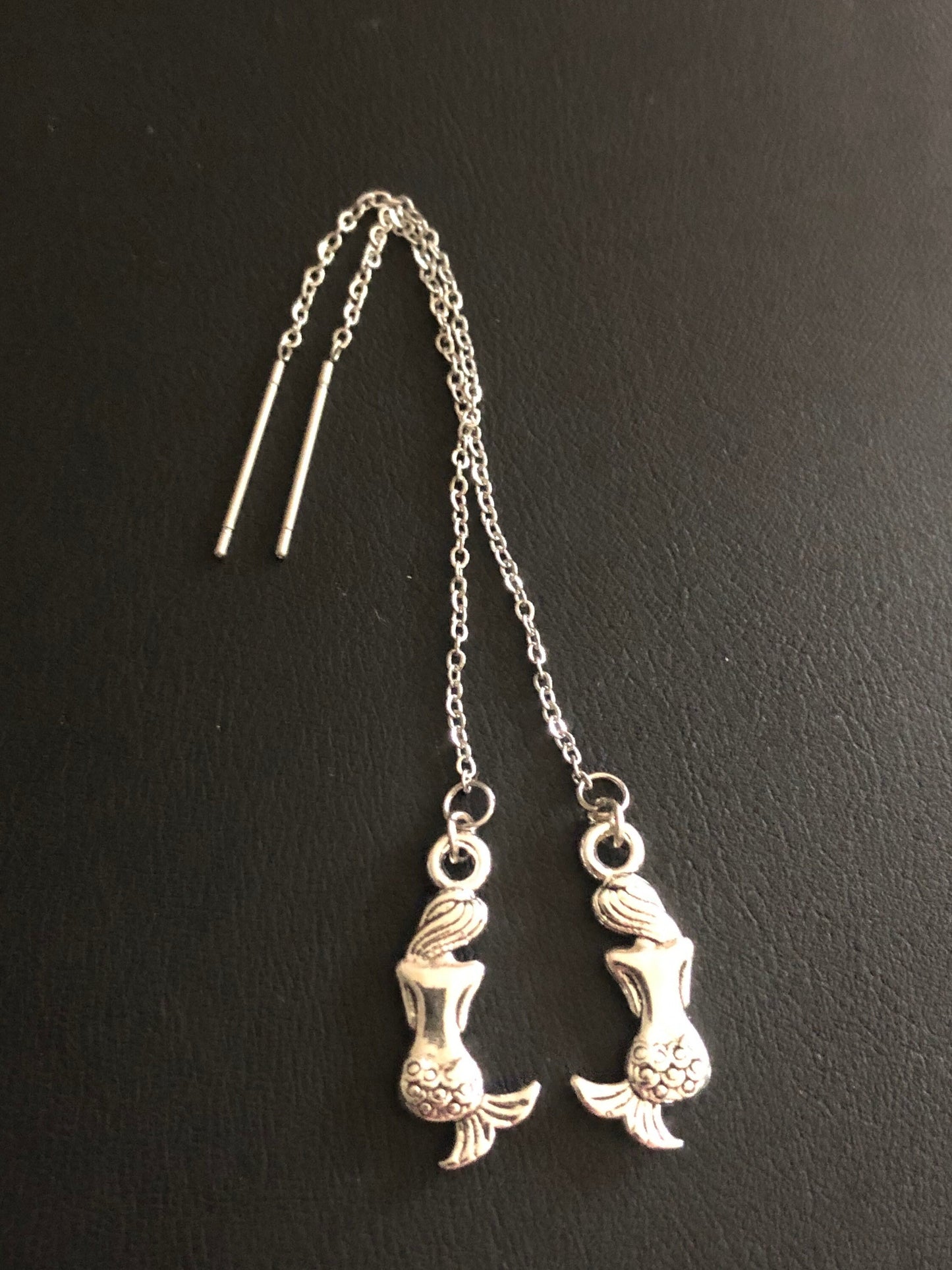 Silver mermaid drop earrings pierced pull through threader earrings stainless steel