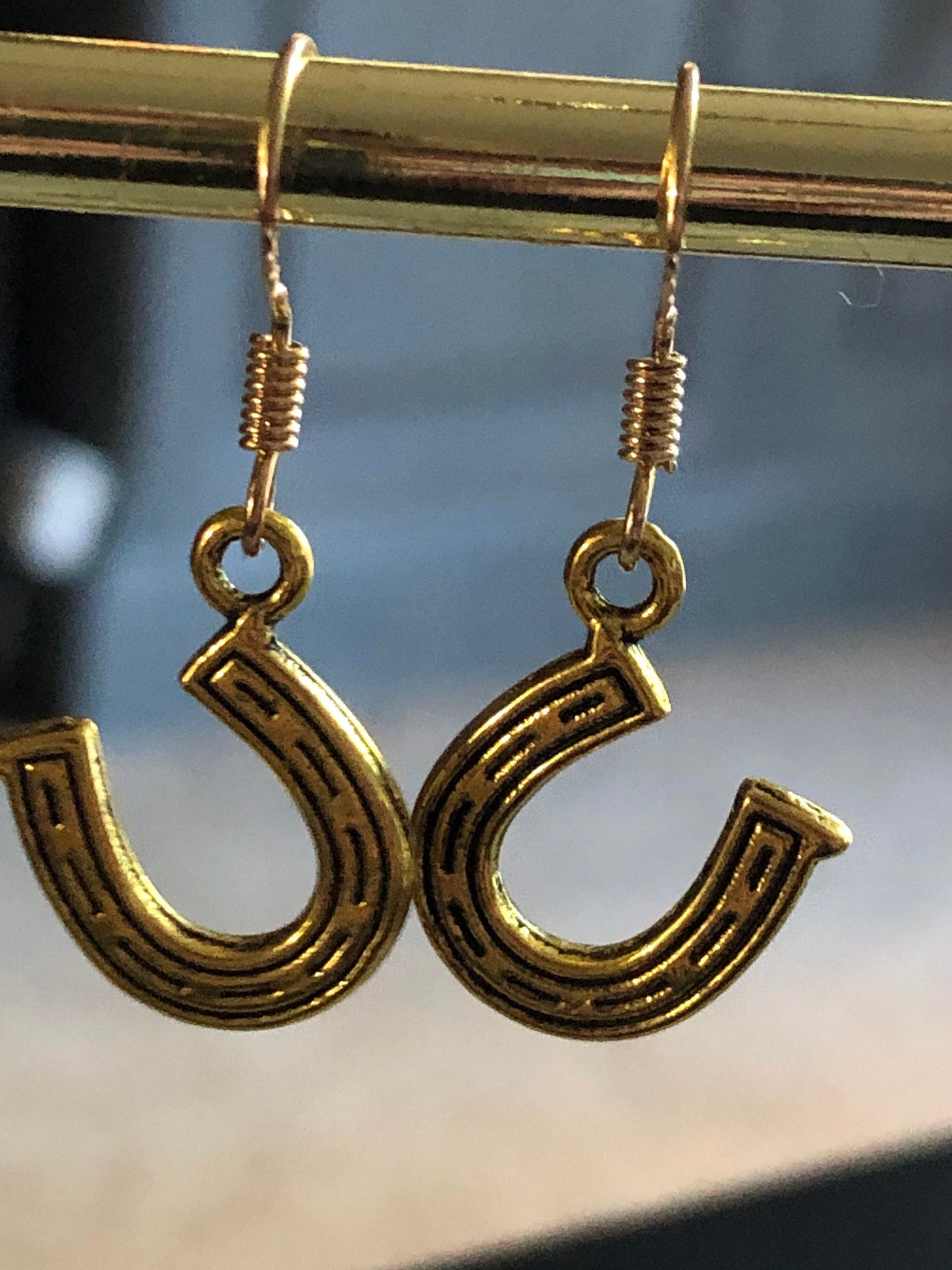 Gold tone lucky horseshoe drop earrings pierced earrings good luck earrings