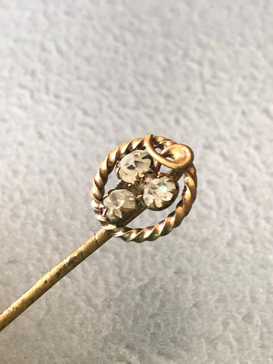 Antique brass stick pin metal Lucky CLOVER diamante
