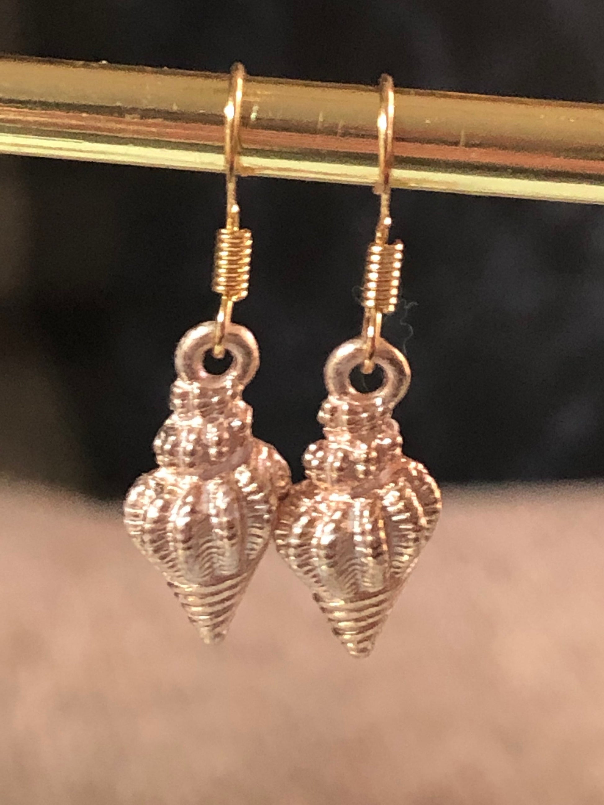 Nautical gold tone pink enamel seashell drop earrings