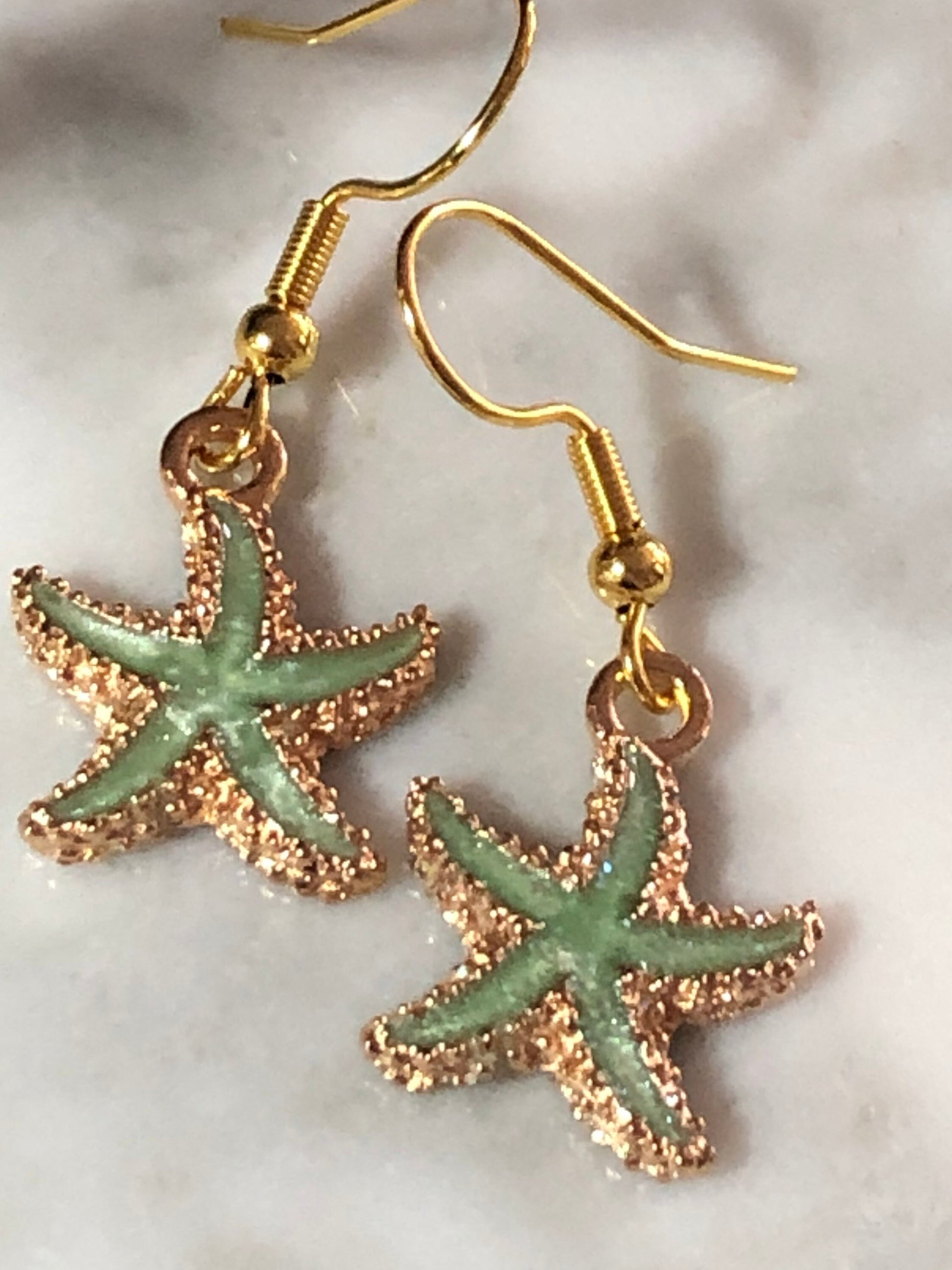 Nautical gold tone soft sage green enamel starfish small drop earrings pierced ears