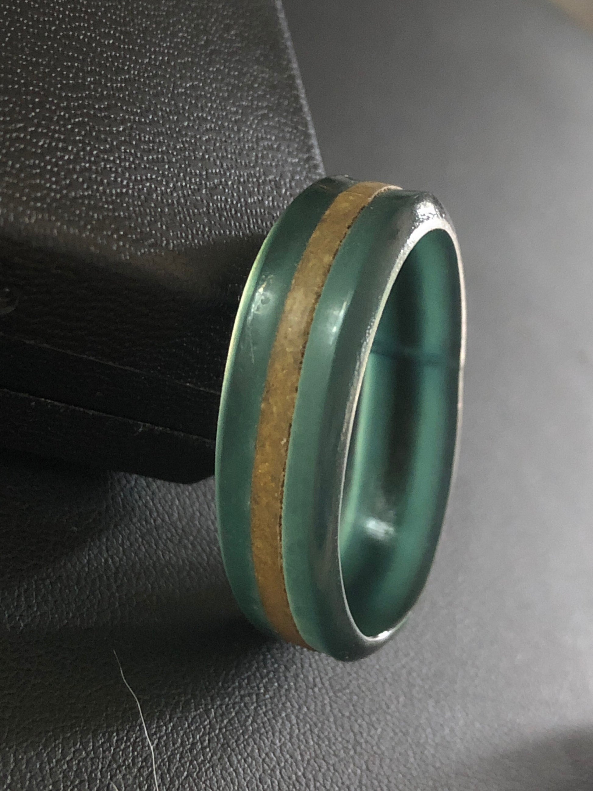 Art Deco Celluloid Early Plastic Scarf Ring Dark green Gold tone band Bakelite