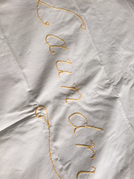 Vintage off white cream cotton gold embroidered linen laundry bag drawstring antique boudoir kit bag