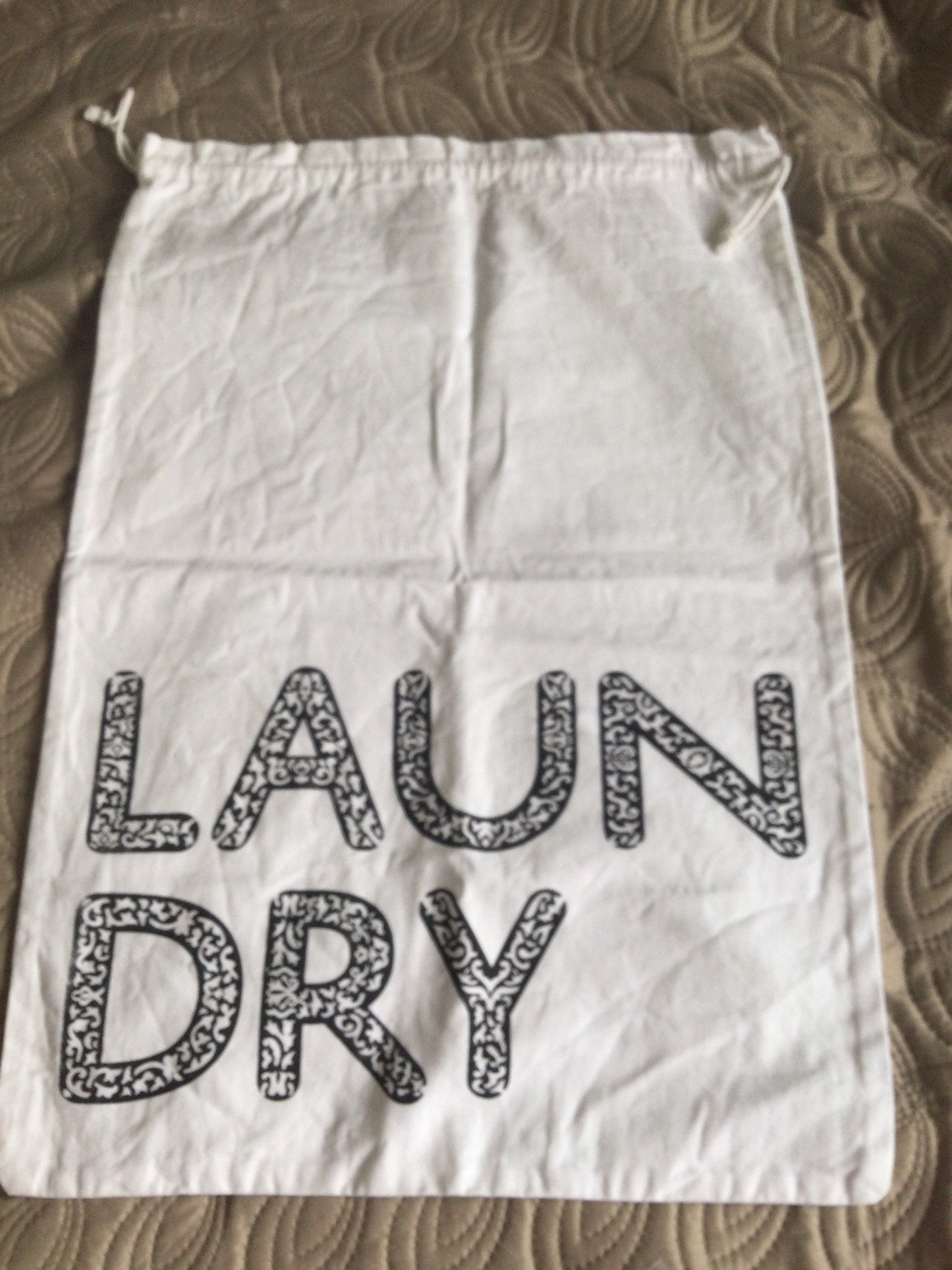 Retro white thick cotton printed black text linen laundry bag drawstring kit bag