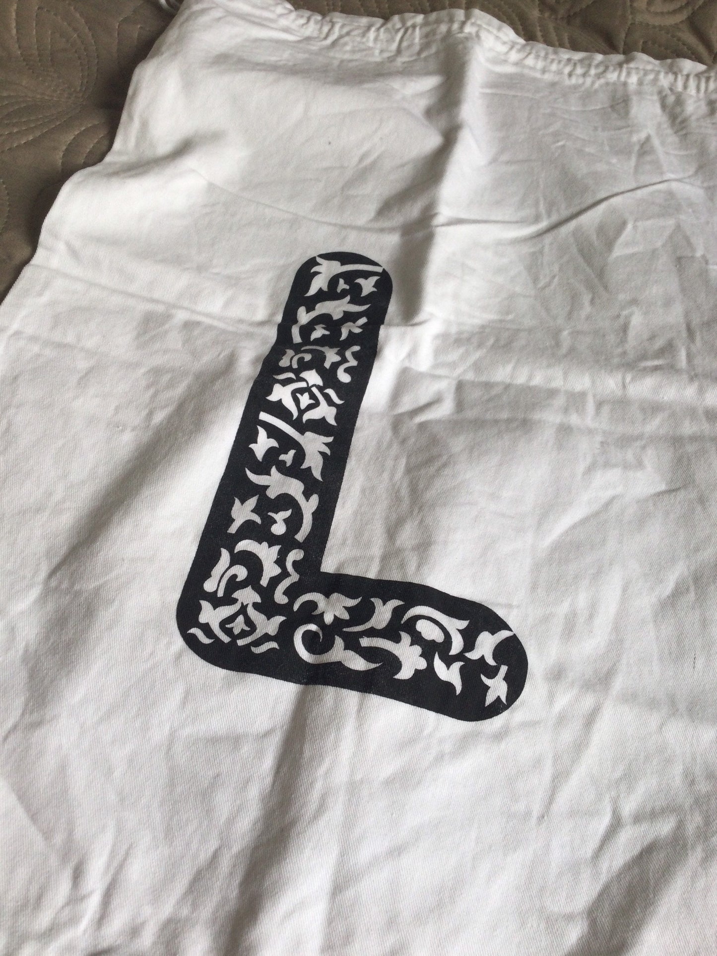 Retro white thick cotton printed black text linen laundry bag drawstring kit bag