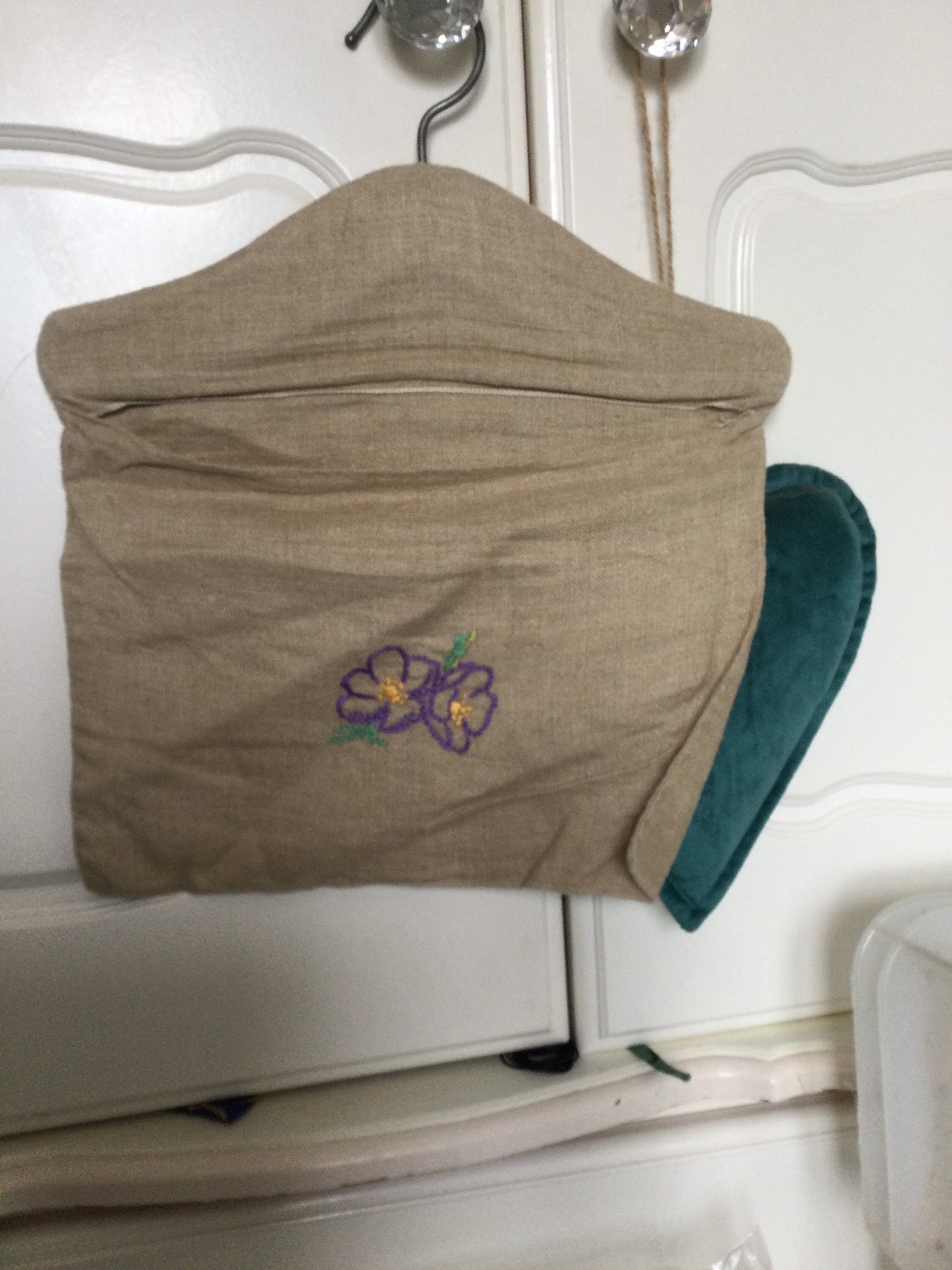Vintage hessian brown cotton hanging PEG BAG purple embroidered pouch