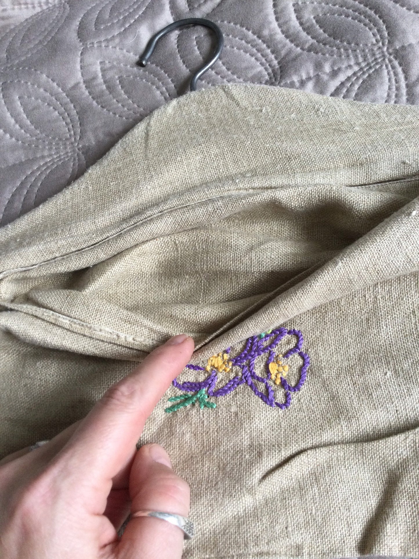 Vintage hessian brown cotton hanging PEG BAG purple embroidered pouch