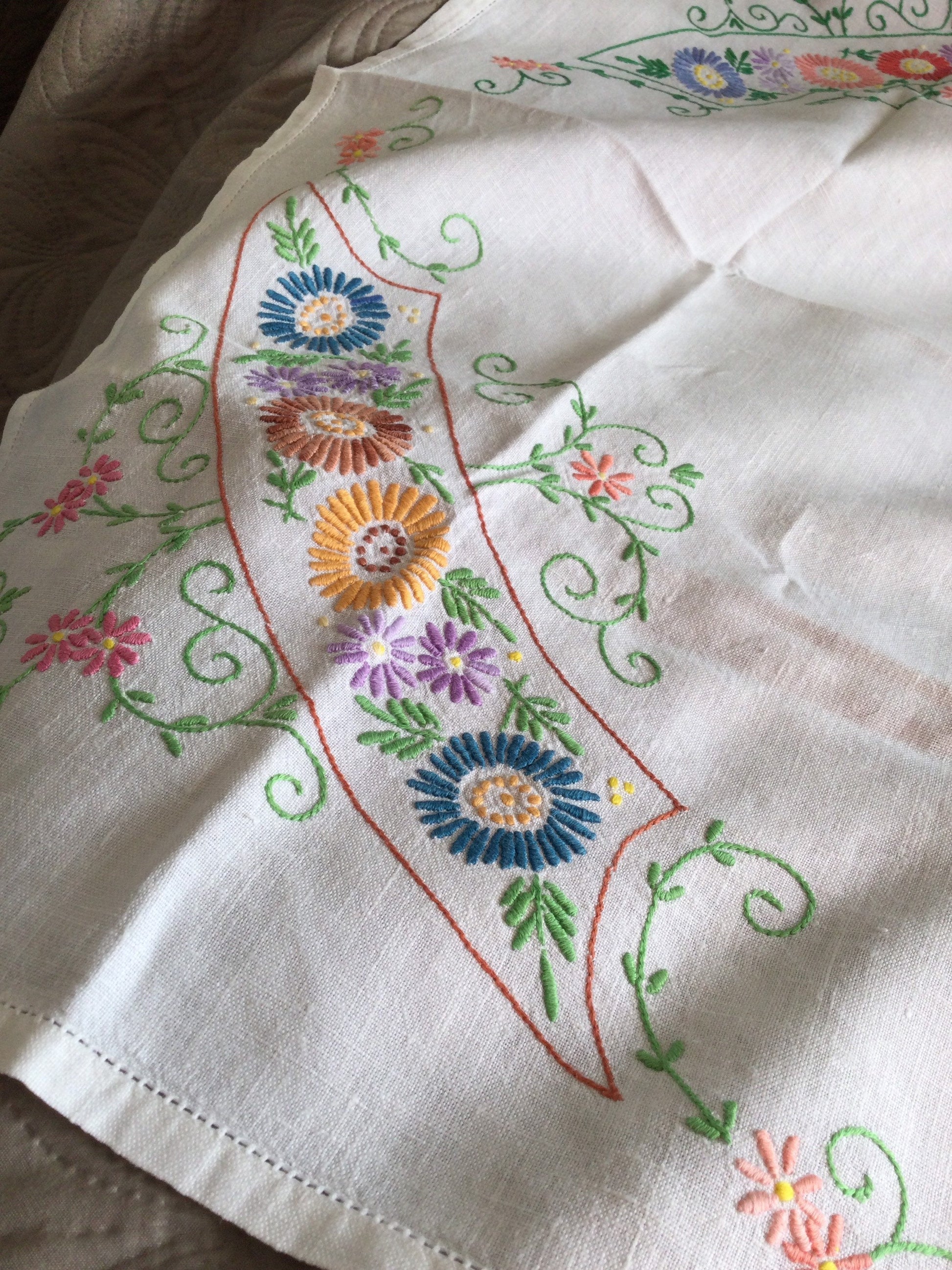 Large Antique vintage linen cotton table cloth off white square embroidered floral tablecloth blue pink embroidery flowers cottage chateau